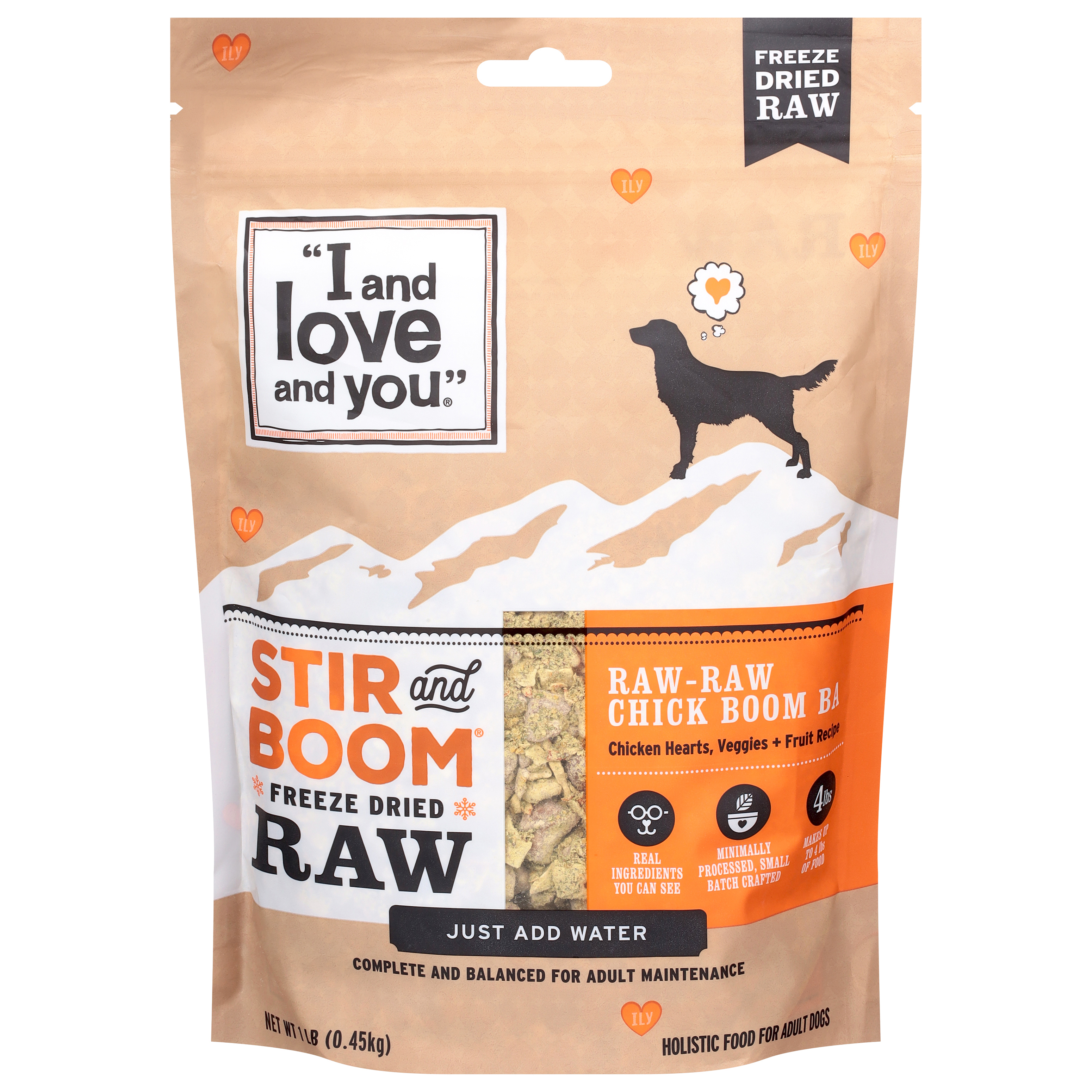 I and Love and You Stir and Boom Adult Raw Freeze Dried Holistic Chicken Hearts, Veggies + Fruit Recipe Food for Dogs