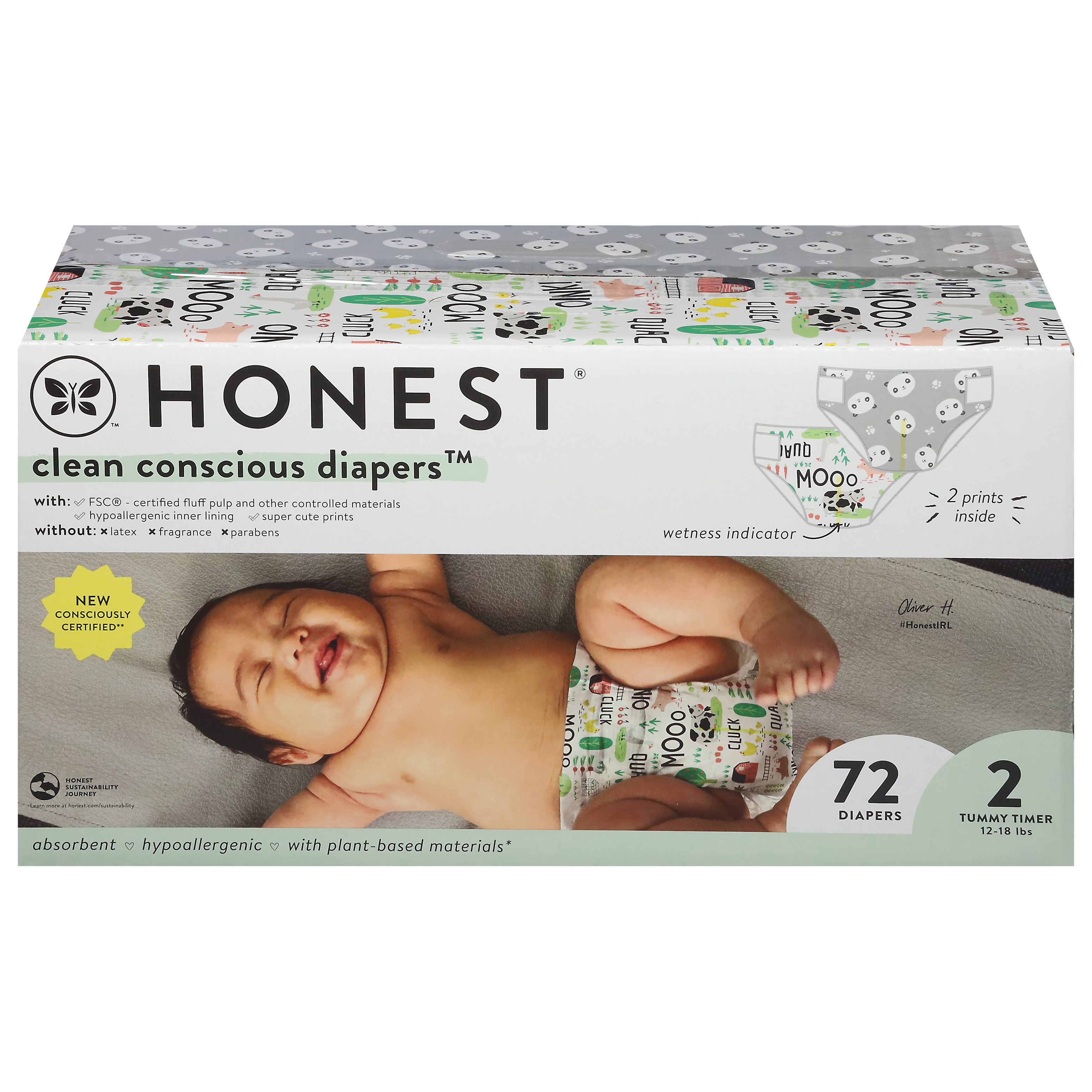 Honest Clean Conscious Diapers 2 Tummy Timer 12-18 lbs Diapers
