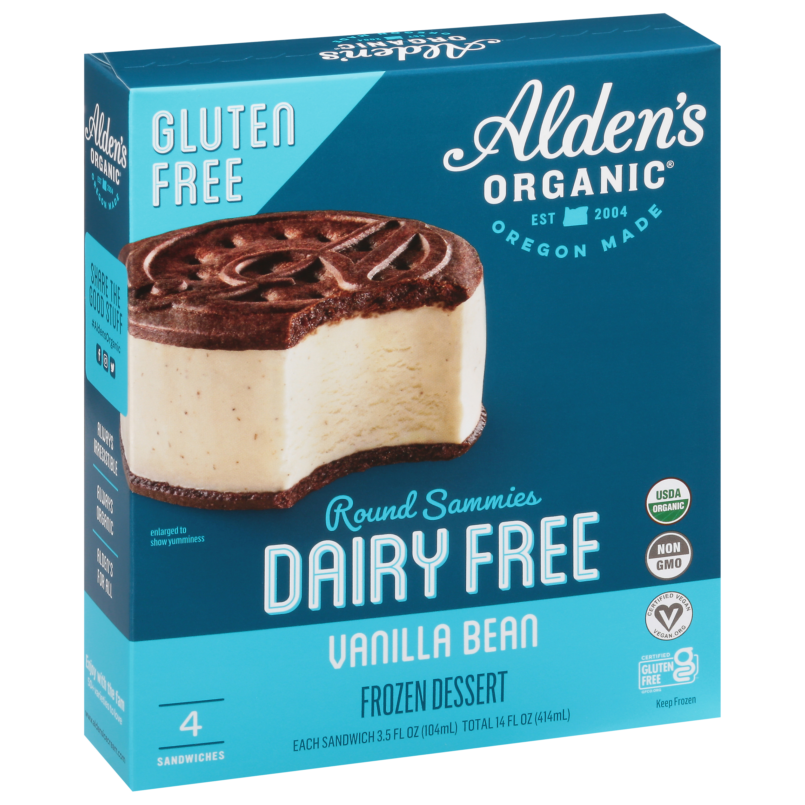 Alden's Organic Round Sammies Dairy Free Vanilla Bean Frozen Dessert 4 Sandwiches 3.5 fl oz Packed, Unspecified