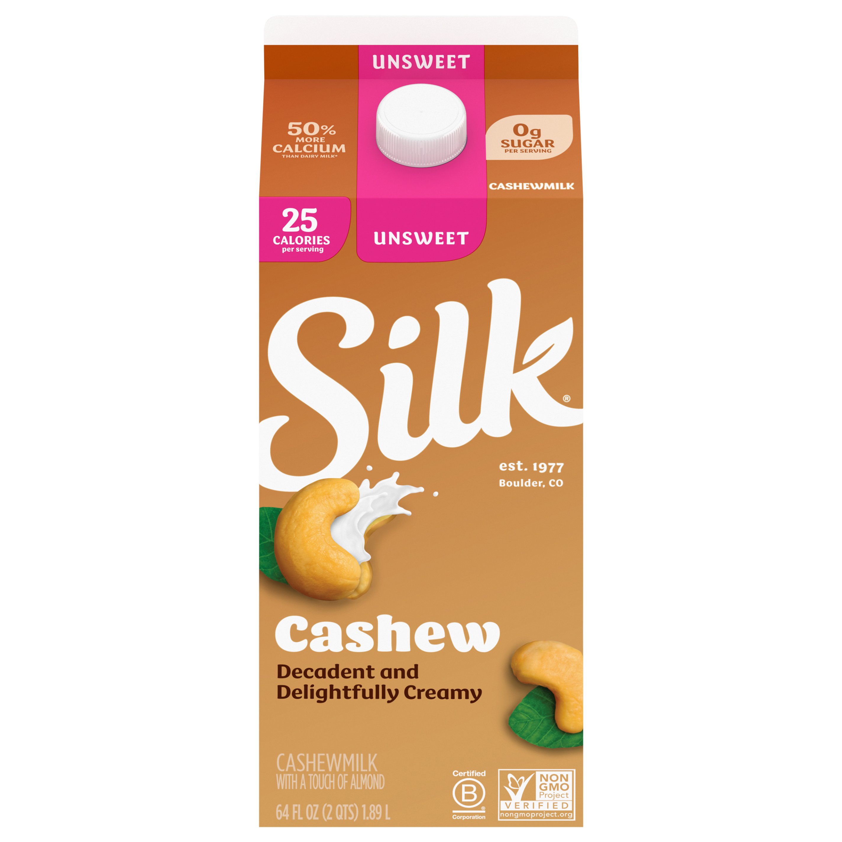 Silk Cashew Milk, Unsweet, Dairy Free, Gluten Free, 64 FL OZ Half Gallon