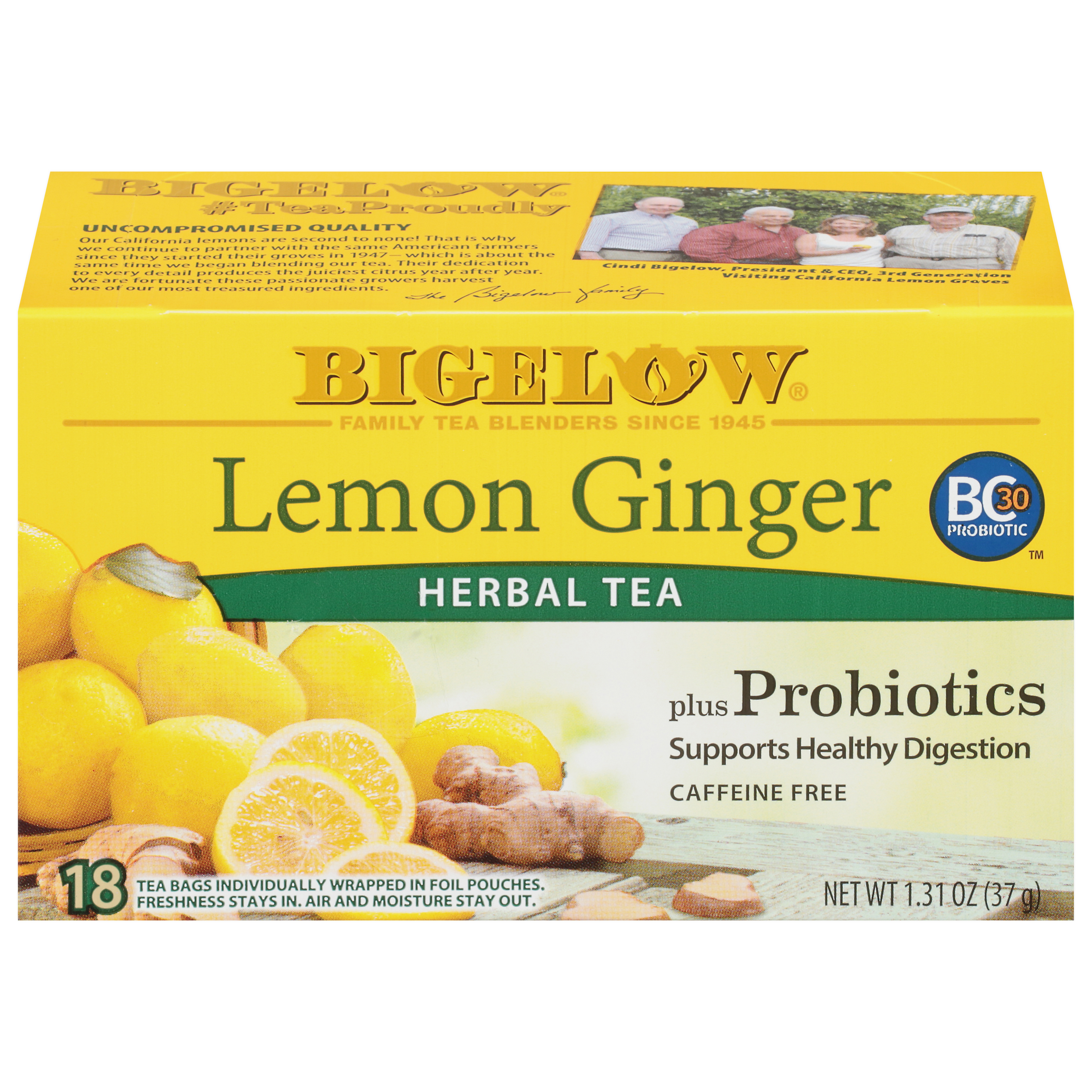 Bigelow Lemon Ginger Probiotics, Caffeine Free Herbal Tea Bags,