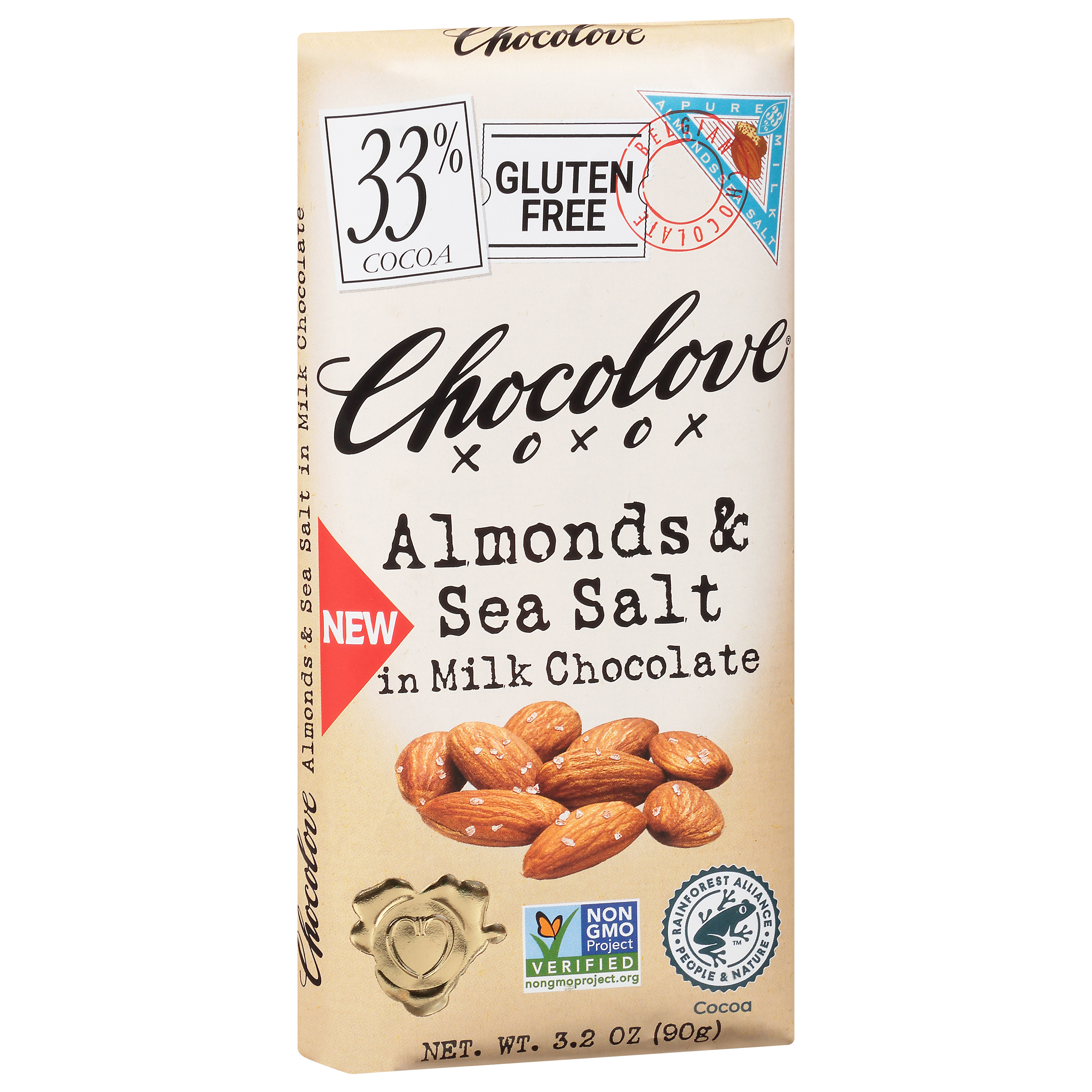 Chocolove XOXOX Gluten-Free 33% Cocoa Almonds & Sea Salt in Milk Chocolate