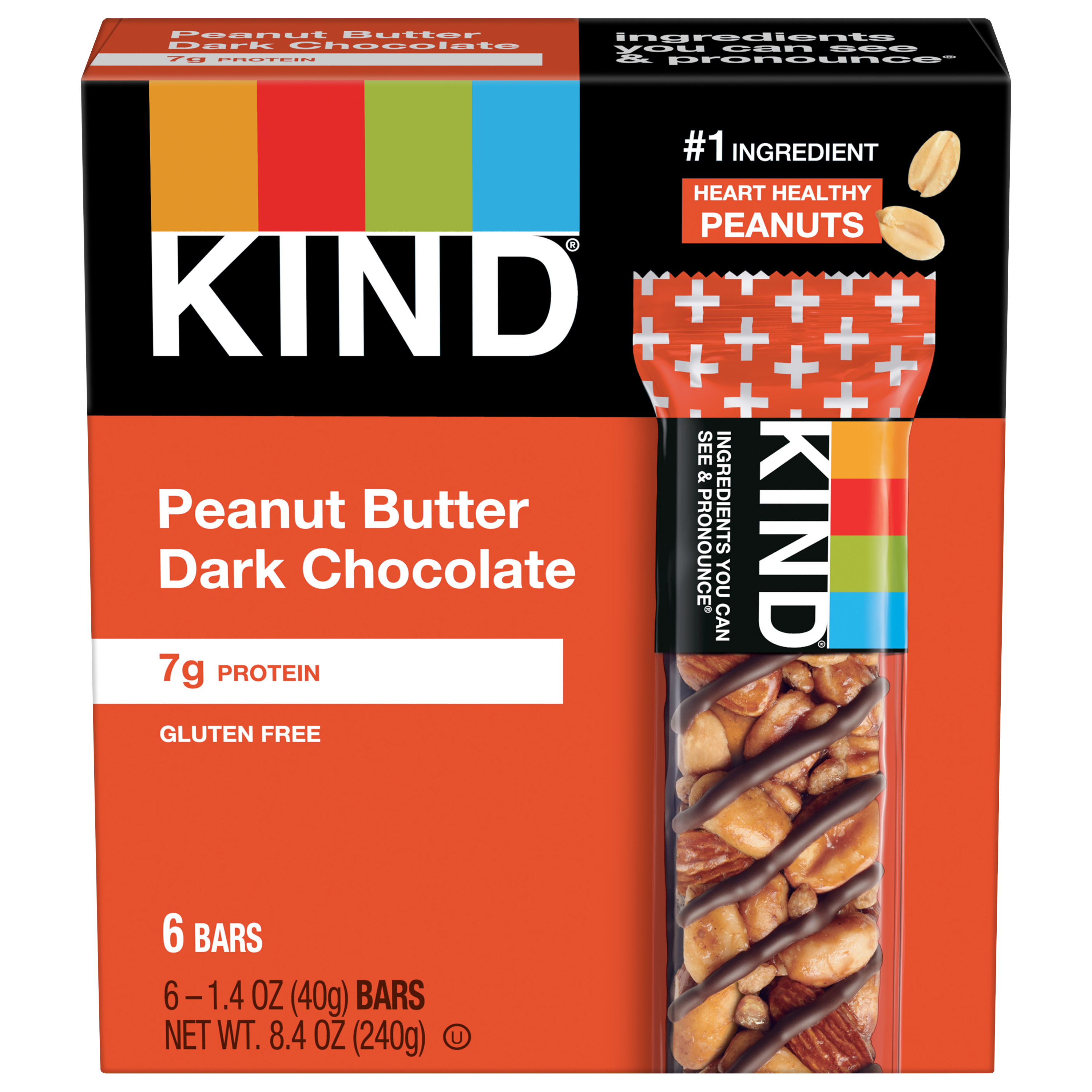 KIND Healthy Snack Bar, Peanut Butter Dark Chocolate, 7g Protein, Gluten Free Bars, 1.4 OZ, (6 Ct)