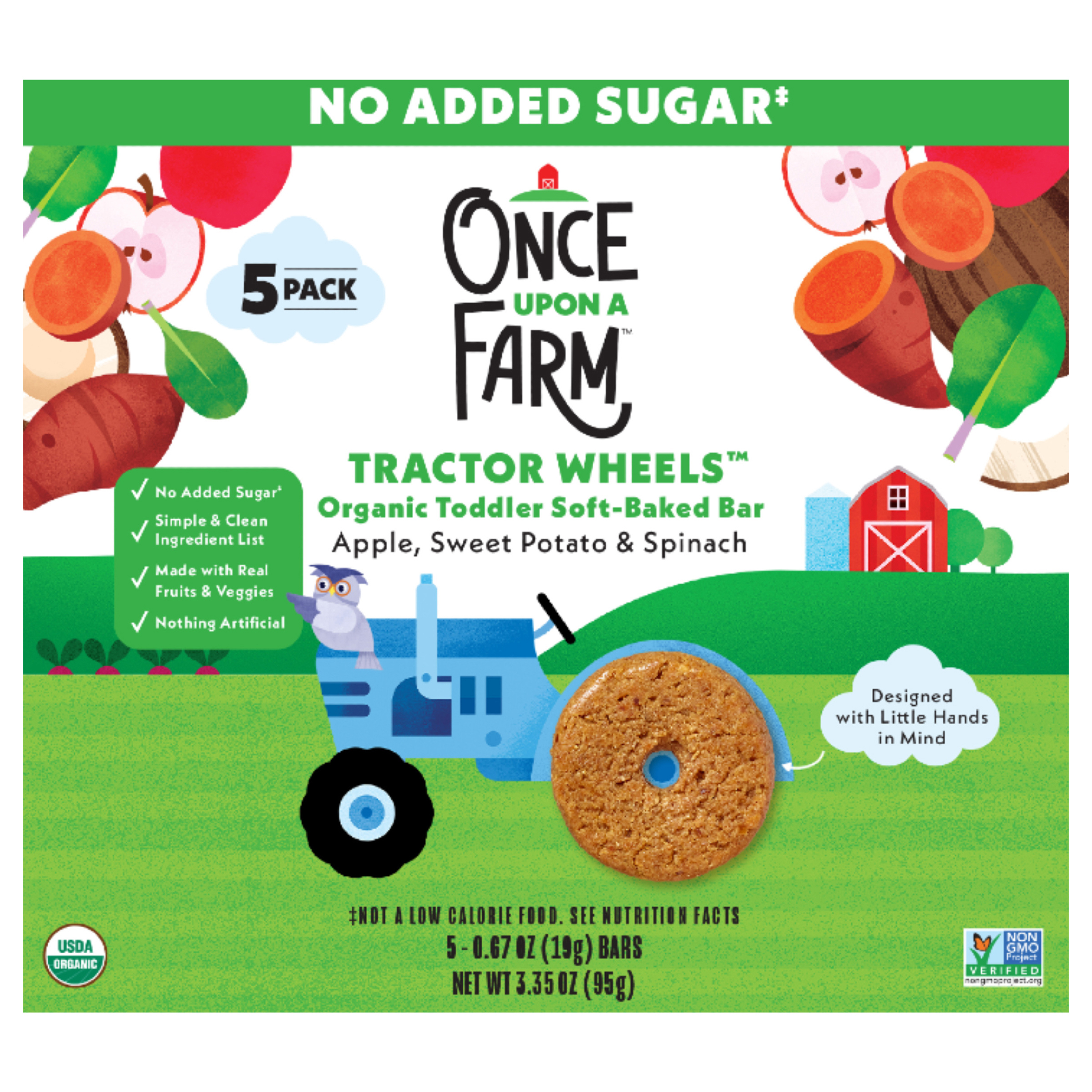 Once Upon a Farm Organic Tractor Wheels Toddler Bar, Apple, Sweet Potato & Spinach,