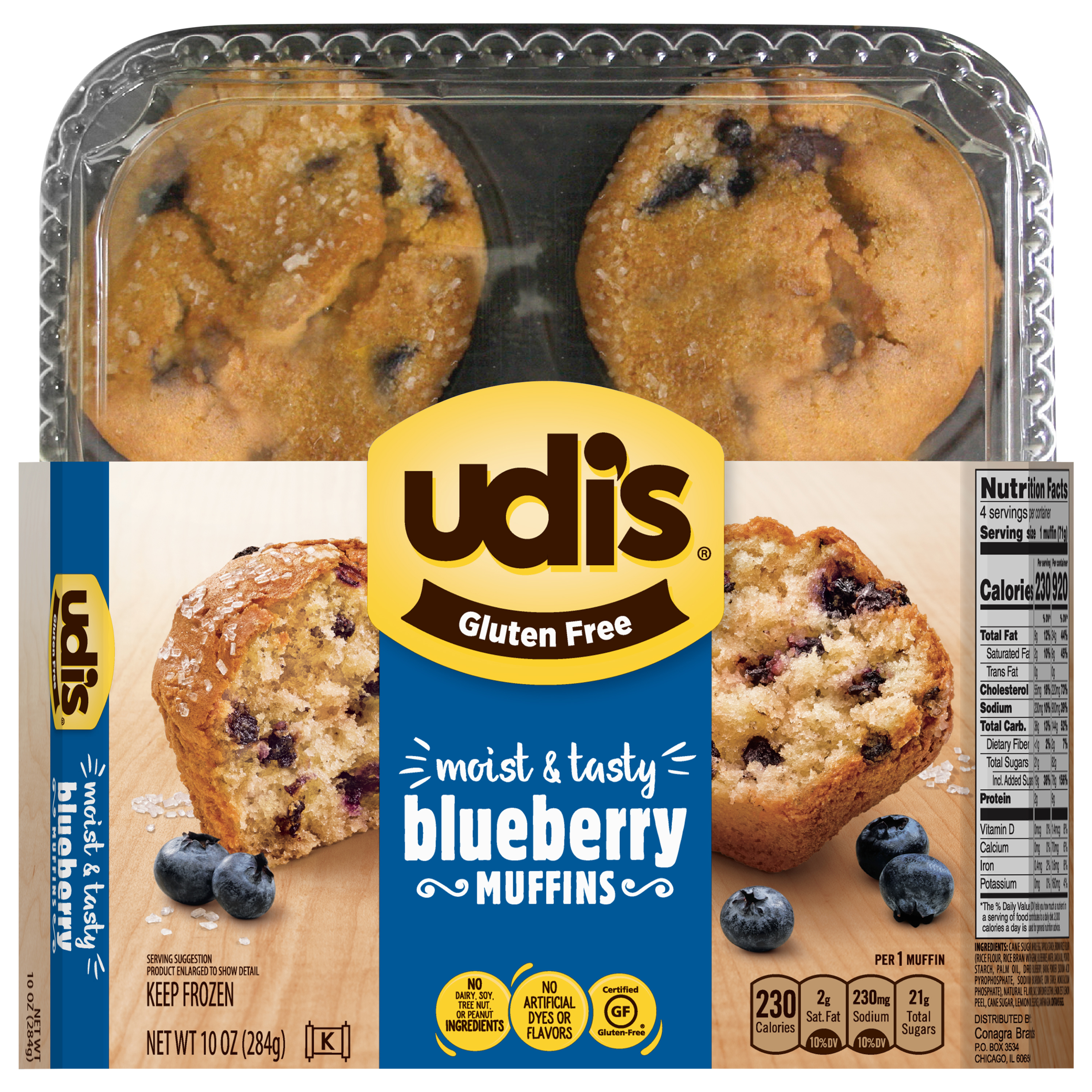 Udi's Gluten Free Blueberry Muffins, Frozen, 10 oz. 4-Count