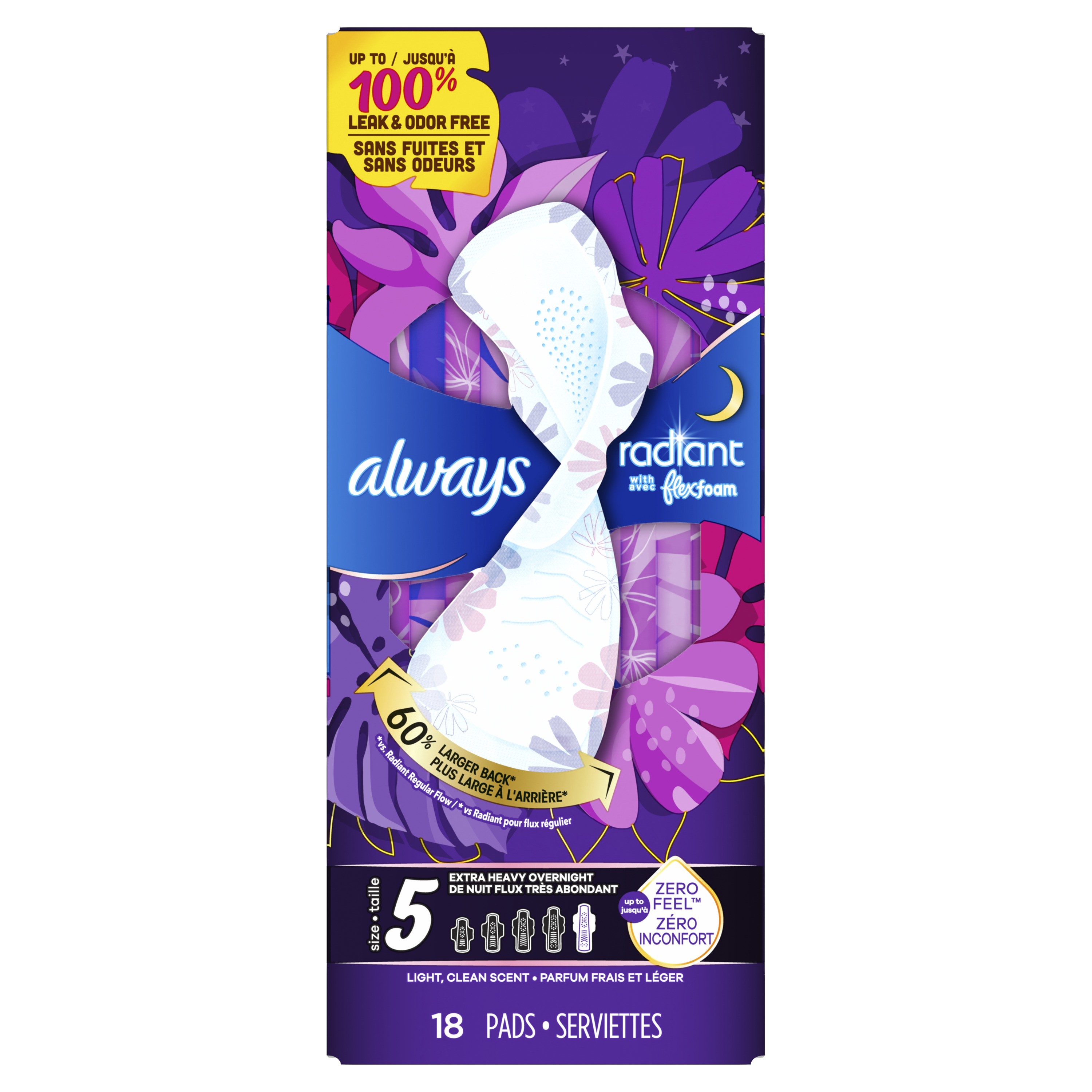 Always Radiant Radiant Overnight Pads, Size 5, 18 Each