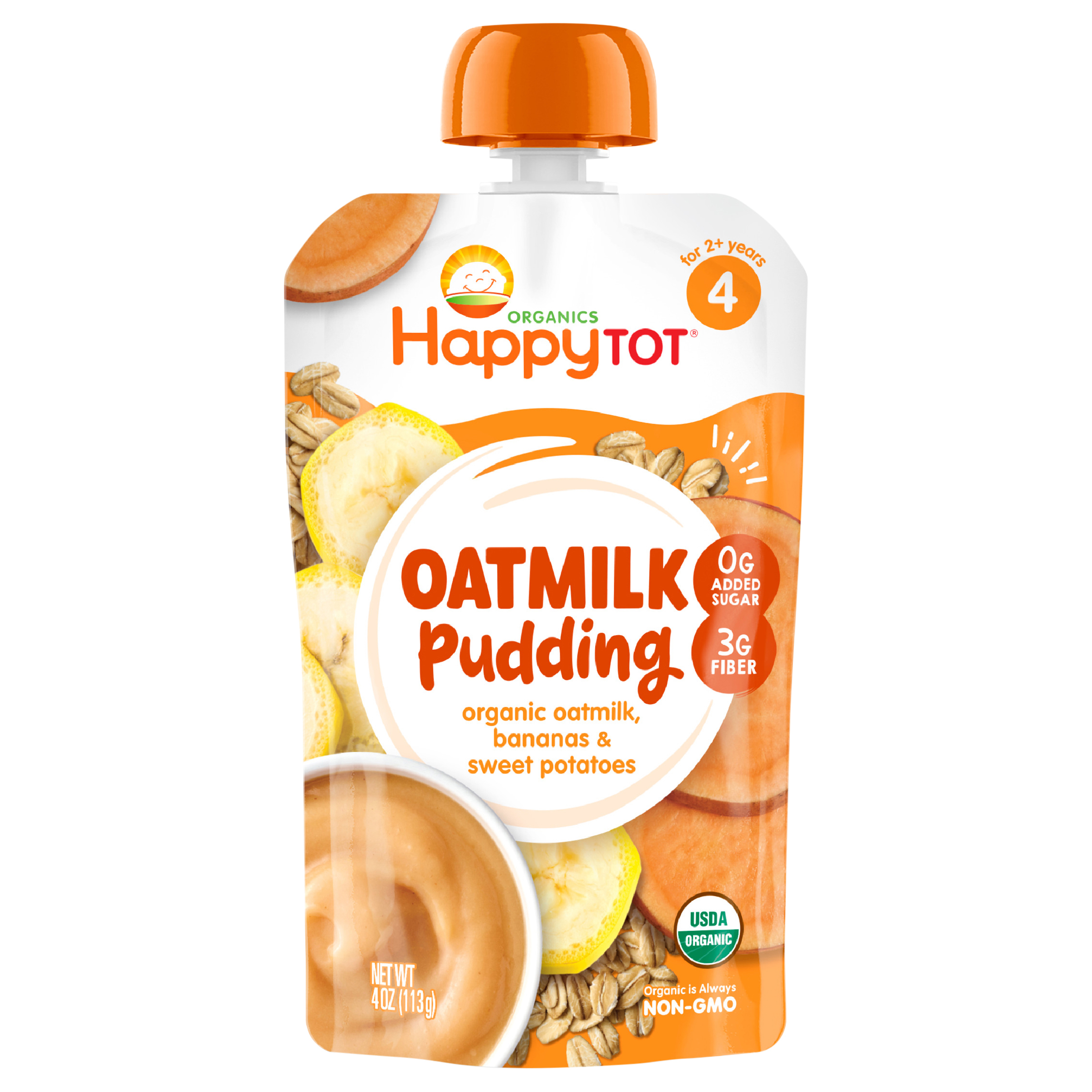 Happy Tot Organics Oatmilk Pudding, Dairy-Free, Stage 4 Toddler Snack, Oatmilk, Bananas & Sweet Potatoes, 4 oz. Pouch