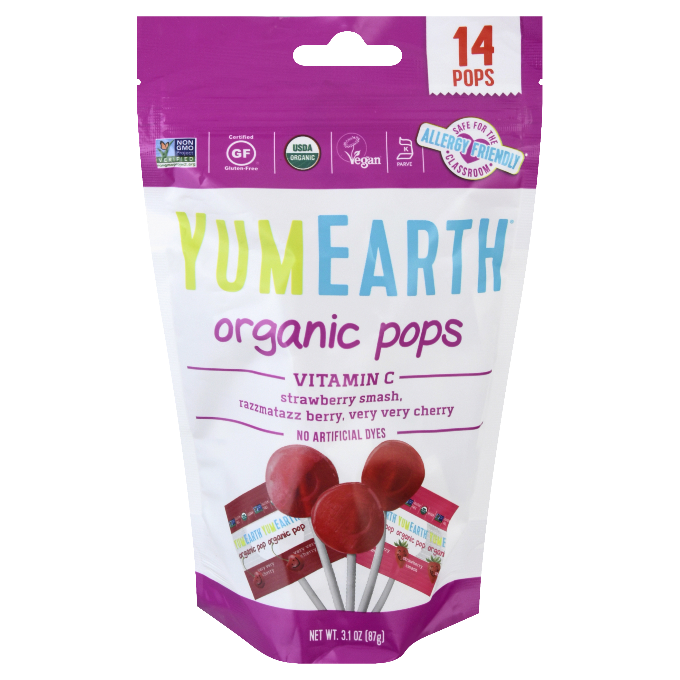 YumEarth Organic Strawberry Smash/Razzmatazz Berry/Very Very Cherry Pops
