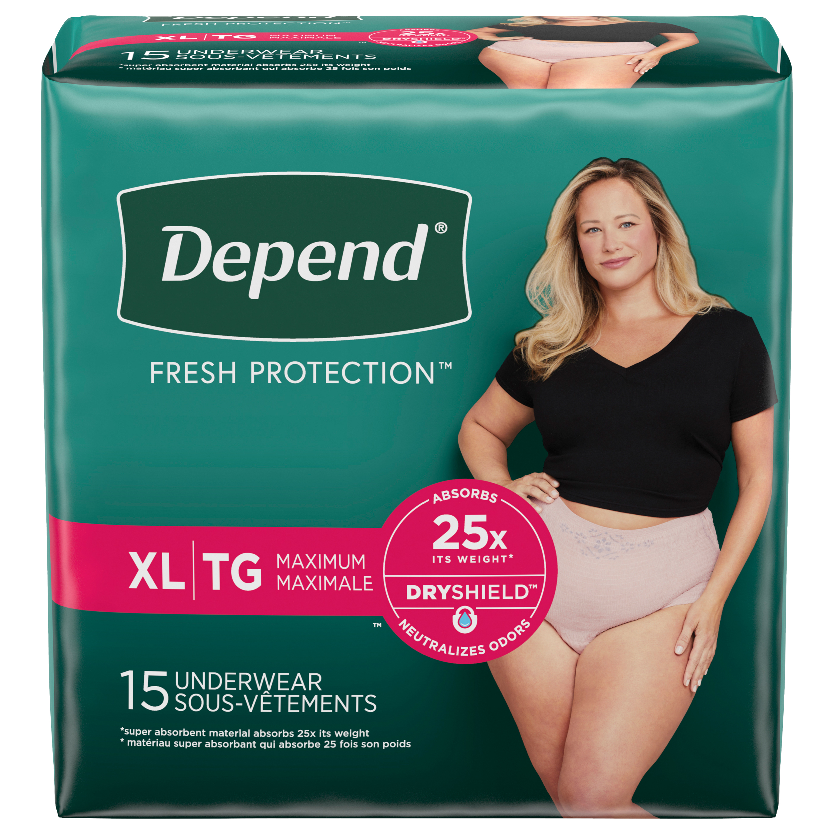 Depend Fresh Protection Adult Incontinence & Postpartum Bladder Leak Underwear for Women, Disposable, Maximum, Extra-Large, Blush, 15 Count