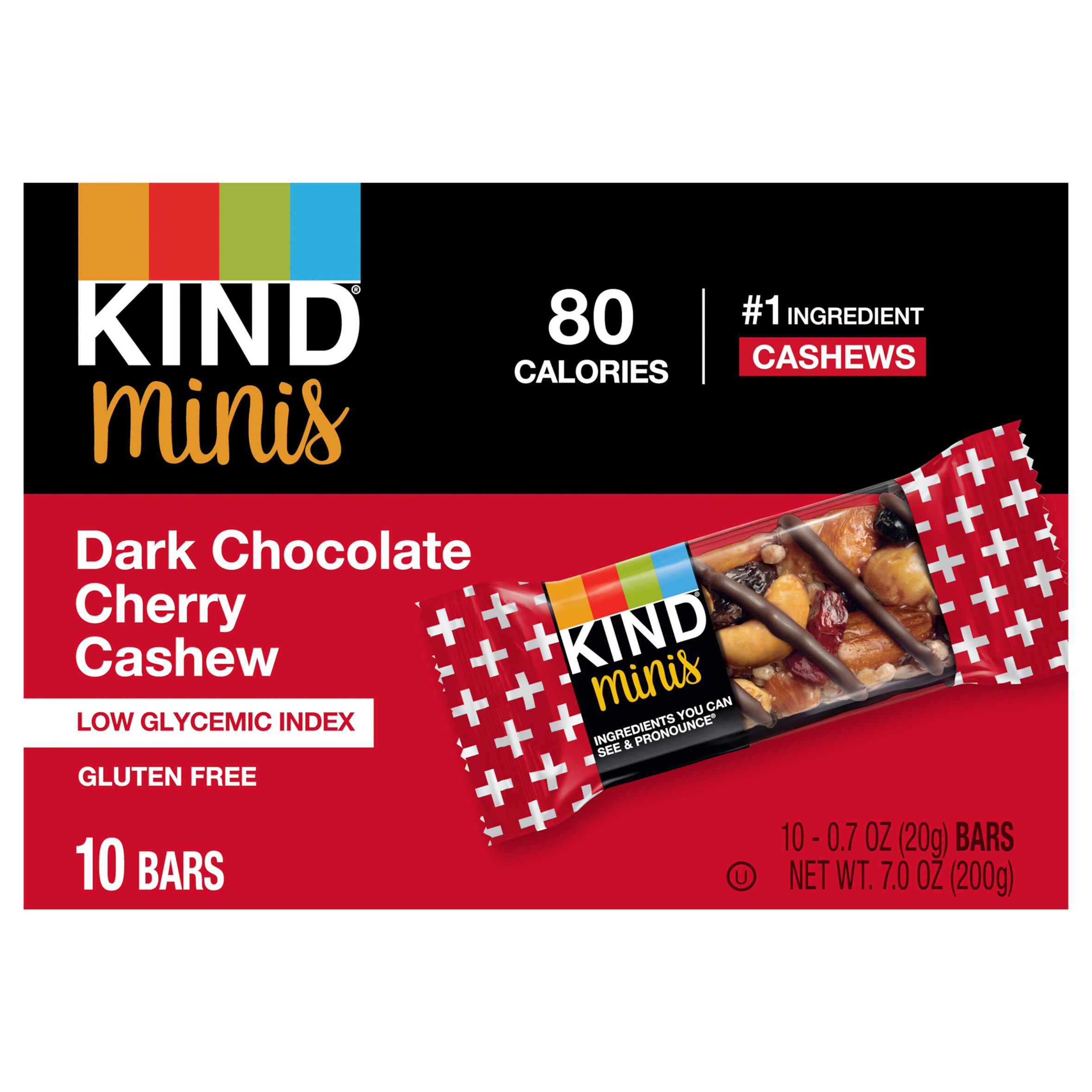 KIND Minis Healthy Snack Bar, Dark Chocolate Cherry Cashew, Low Glycemic Index, Gluten Free Bars, 0.7 OZ, (10 Count)