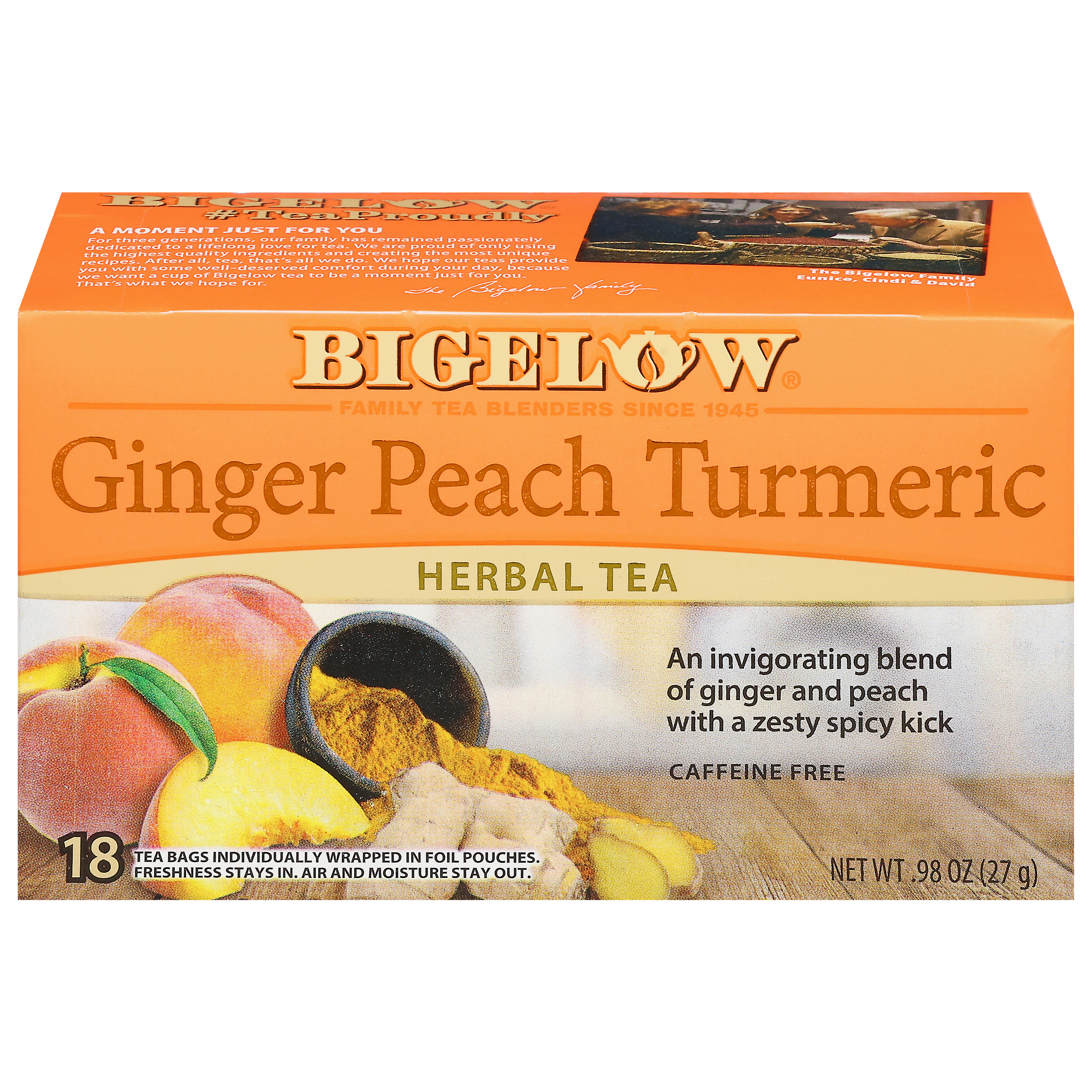 Bigelow Caffeine Free Ginger Peach Turmeric Herbal Tea 18 Tea Bags