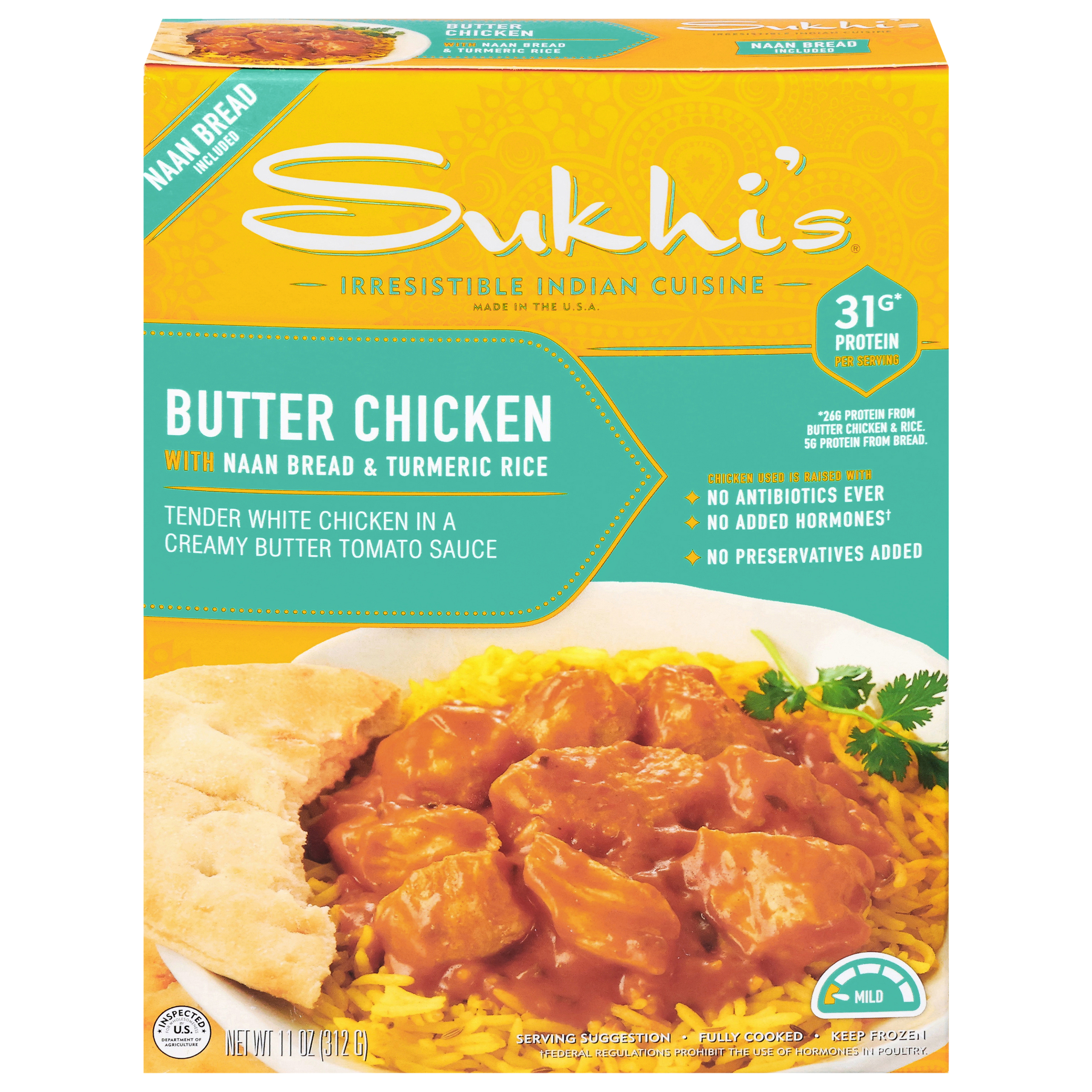Sukhi's Frozen Butter Chicken Indian Curry Meal with Soft Naan Bread & Turmeric Rice