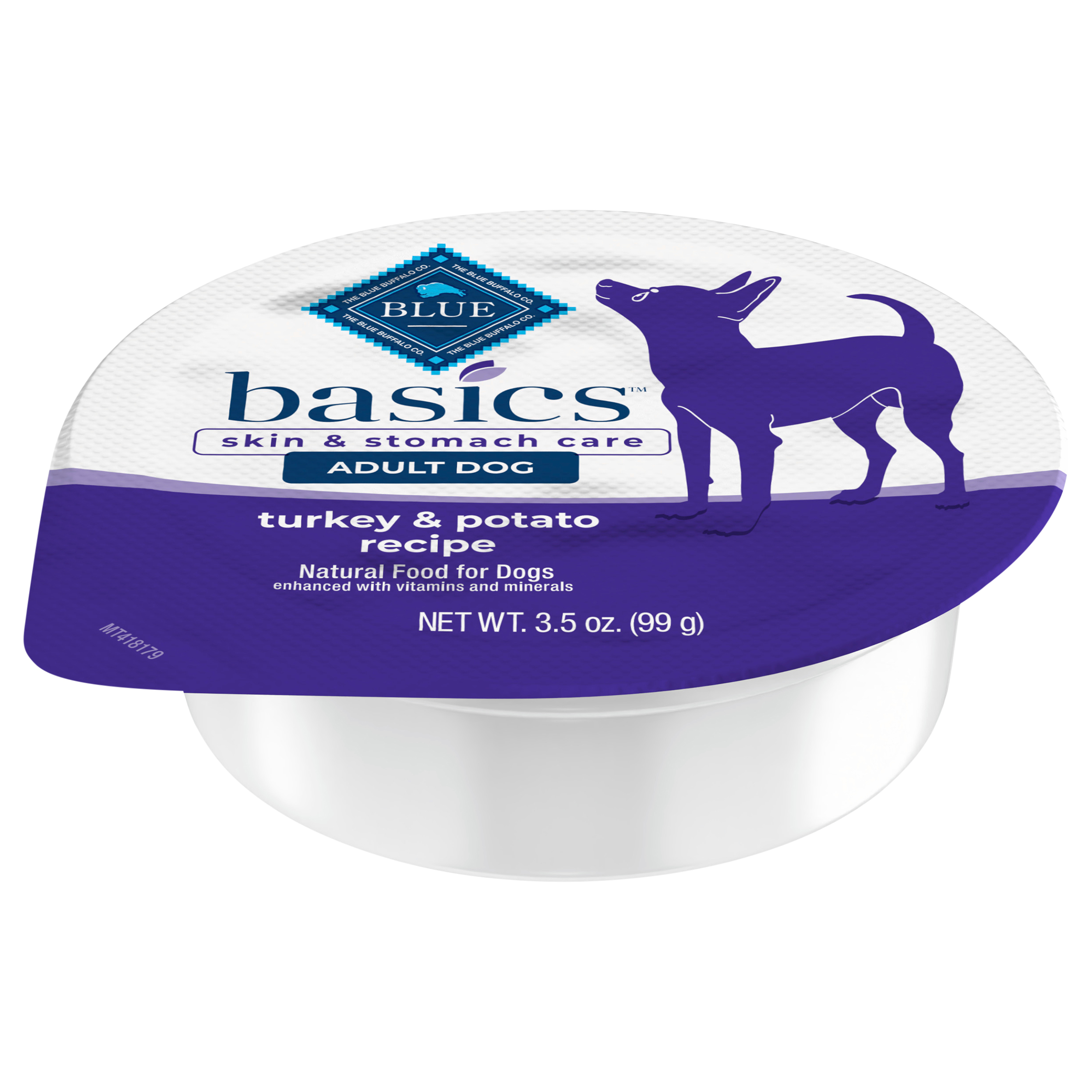 Blue Buffalo Basics Skin & Stomach Care, Grain Free Natural Adult Small Breed Wet Dog Food Cup, Turkey 3.5-oz