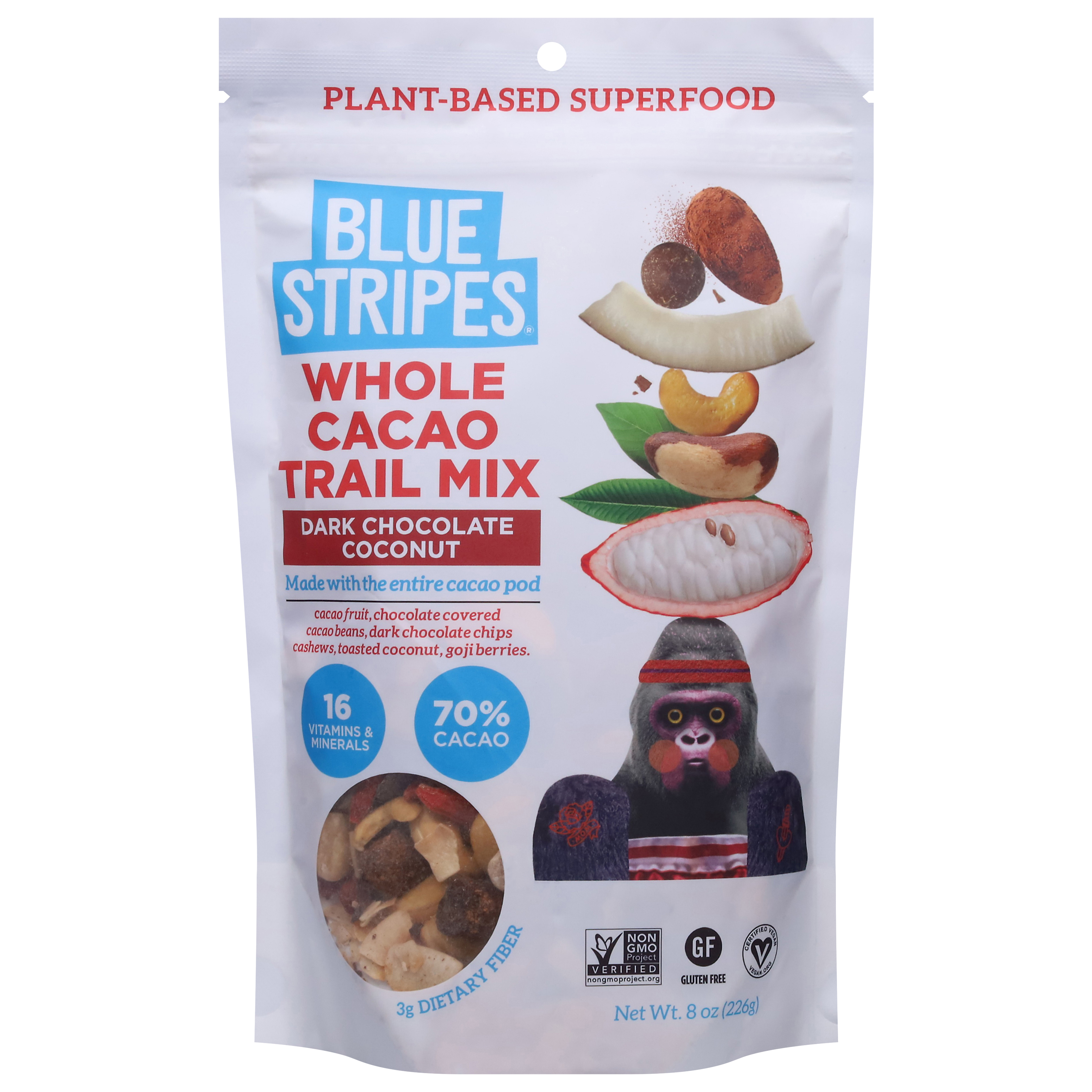 Blue Stripes Whole Cacao Dark Chocolate Coconut Trail Mix