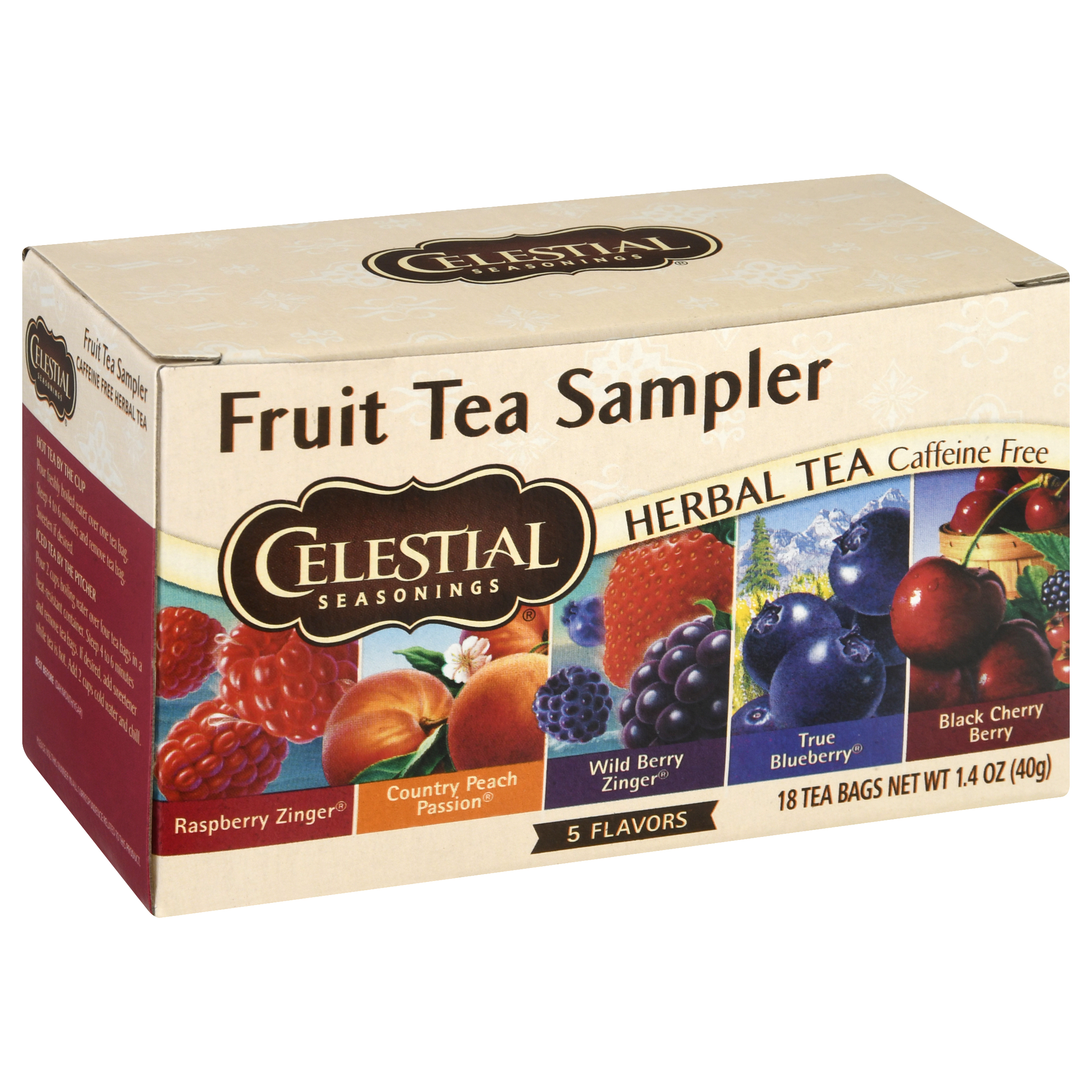 Celestial Seasonings Caffeine Free 5 Flavors Fruit Tea Sampler Tea Bags Raspberry Zinger Country Peach Passion Wild Berry Zinger True Blueberry. Black Cherry Berry Herbal Tea
