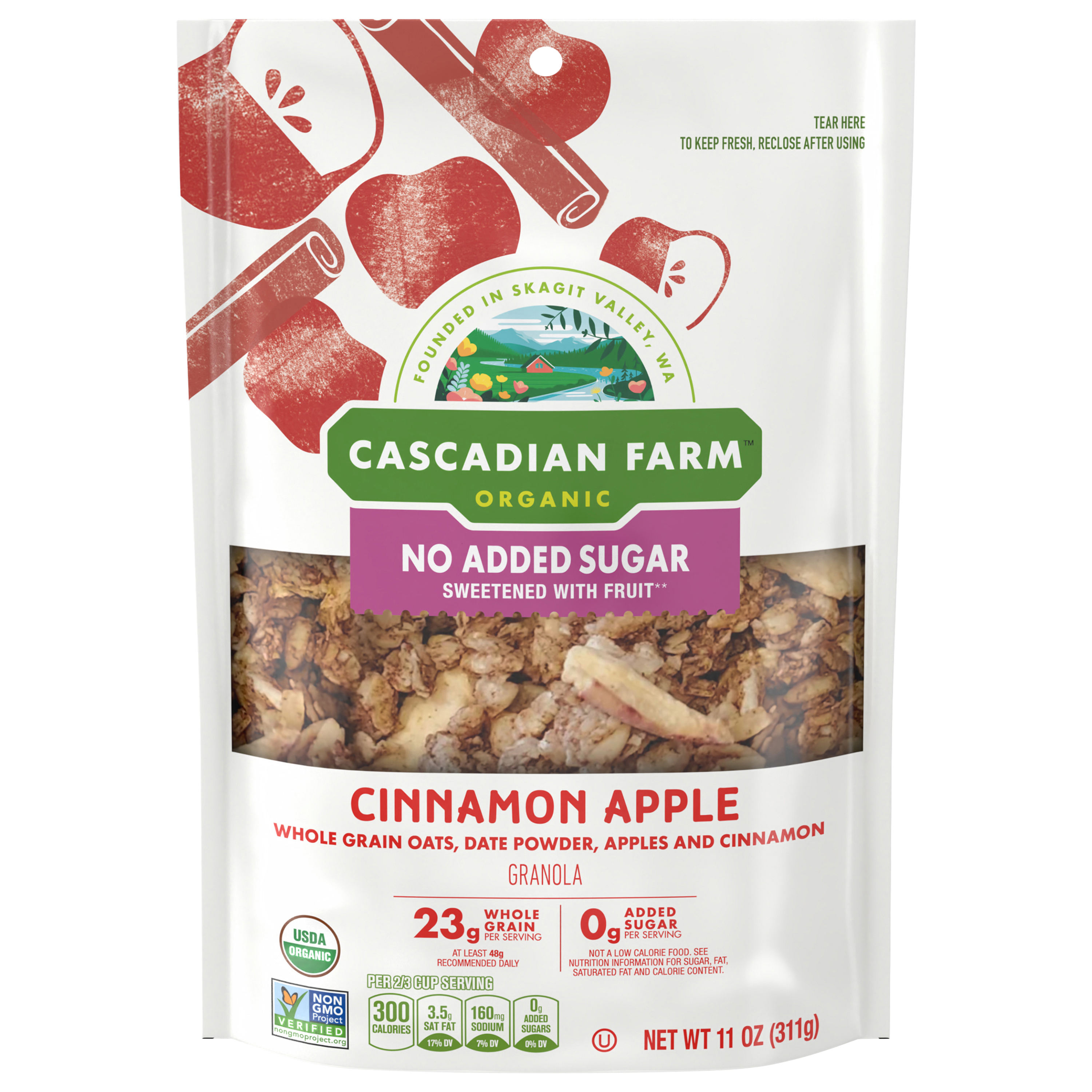 Cascadian Farm Organic Granola with No Added Sugar, Cinnamon Apple Cereal, Resealable Pouch, 11 oz.