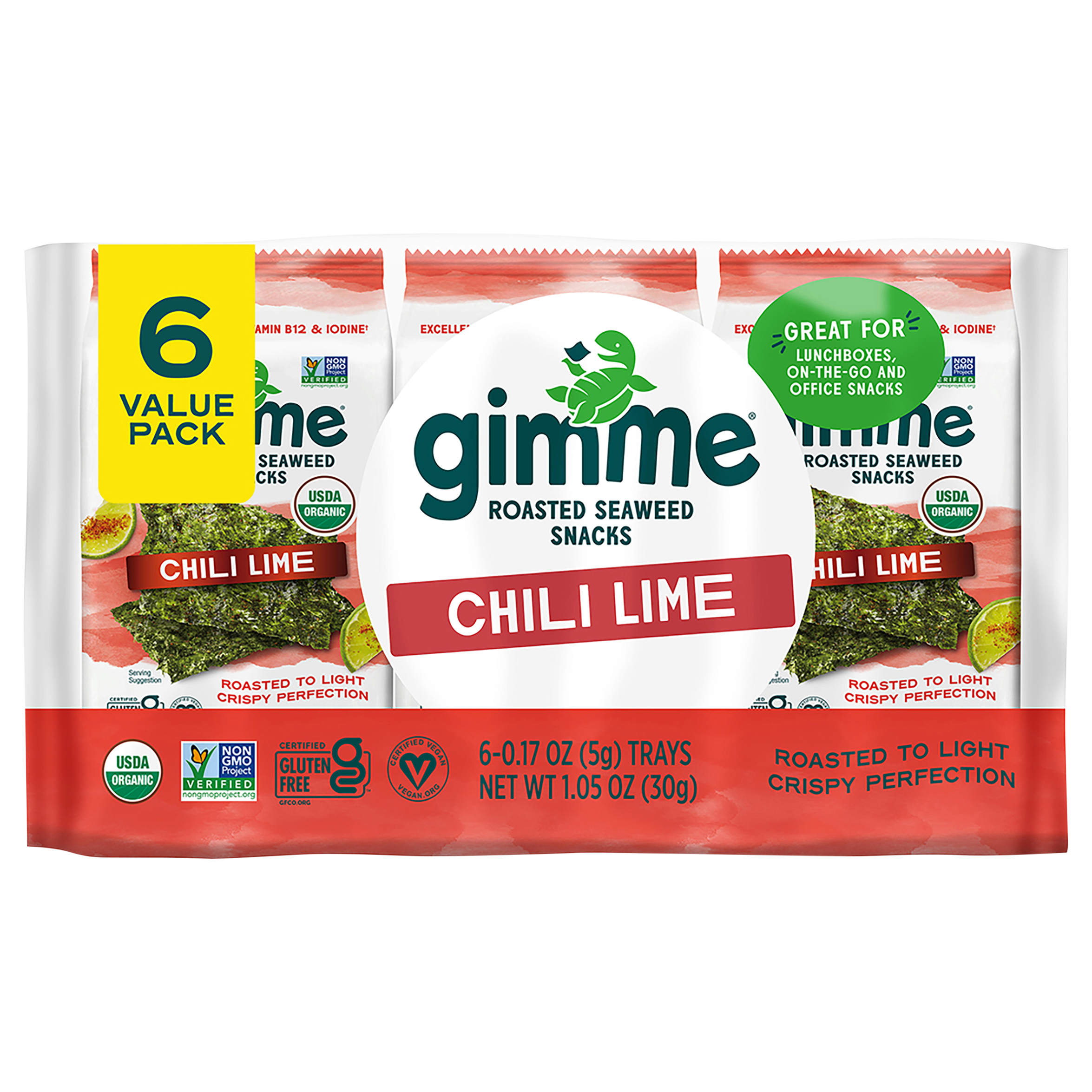 gimMe Organic Roasted Chili Lime Seaweed Snacks Value Pack 6 - 0.17 oz Trays