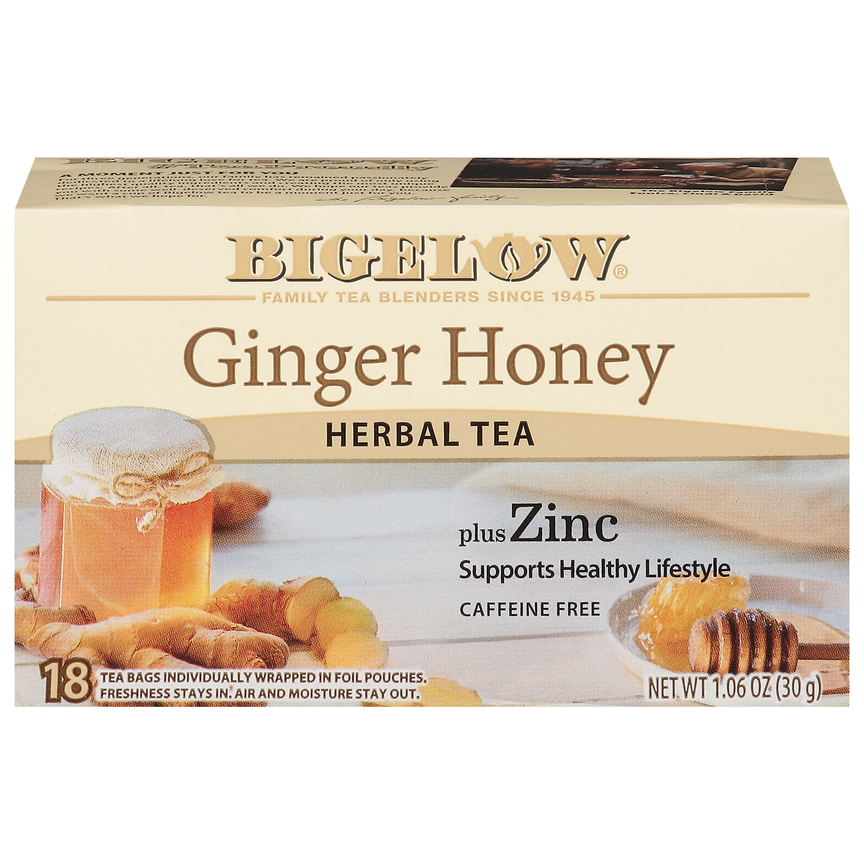Bigelow Caffeine Free Ginger Honey Herbal Tea Plus Zinc 18 Tea Bags