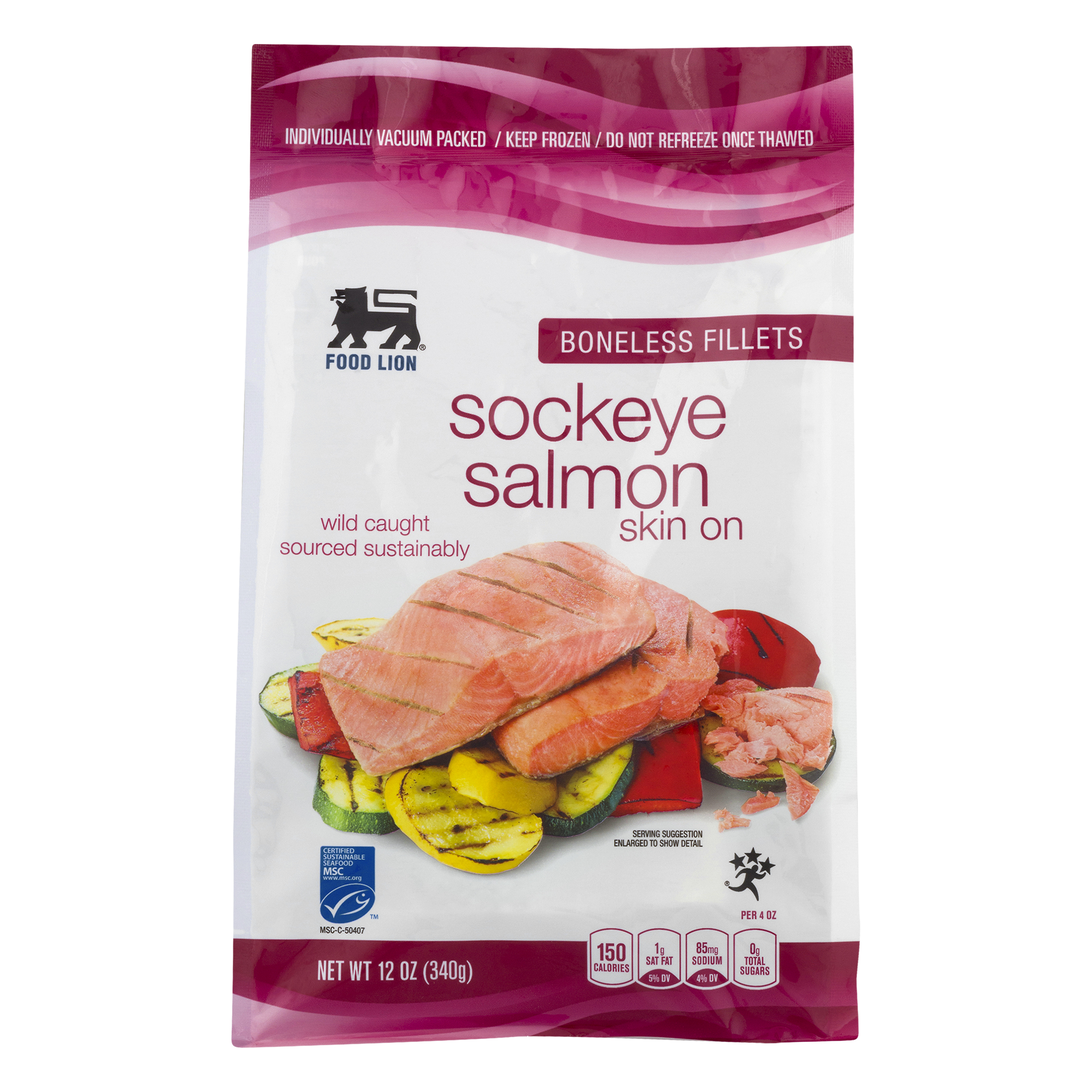 Food Lion Sockeye Salmon, Skin On, Boneless, Fillets, Bag