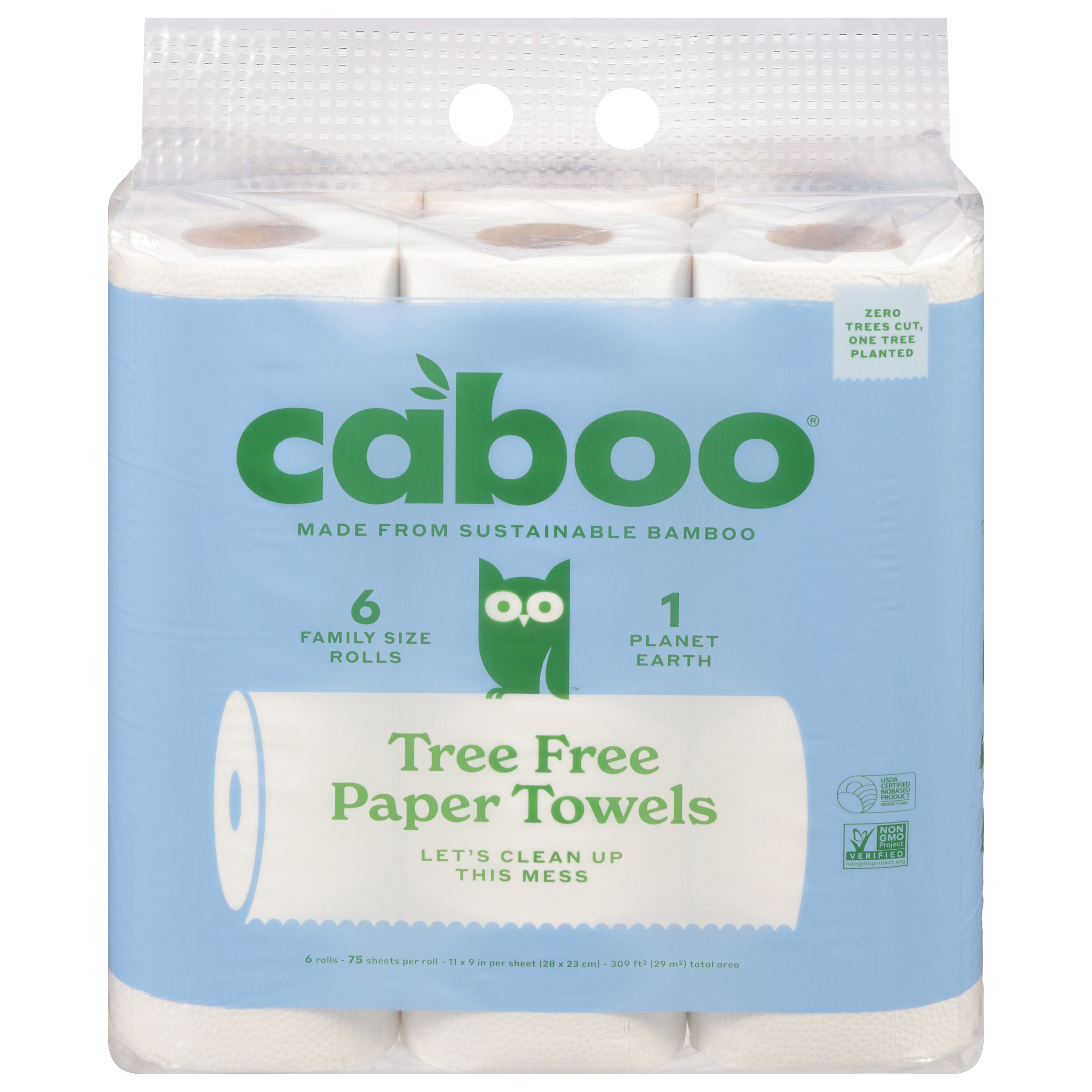 Caboo Tree Free Paper Towels Family Size 6 - 75 Sheet Rolls