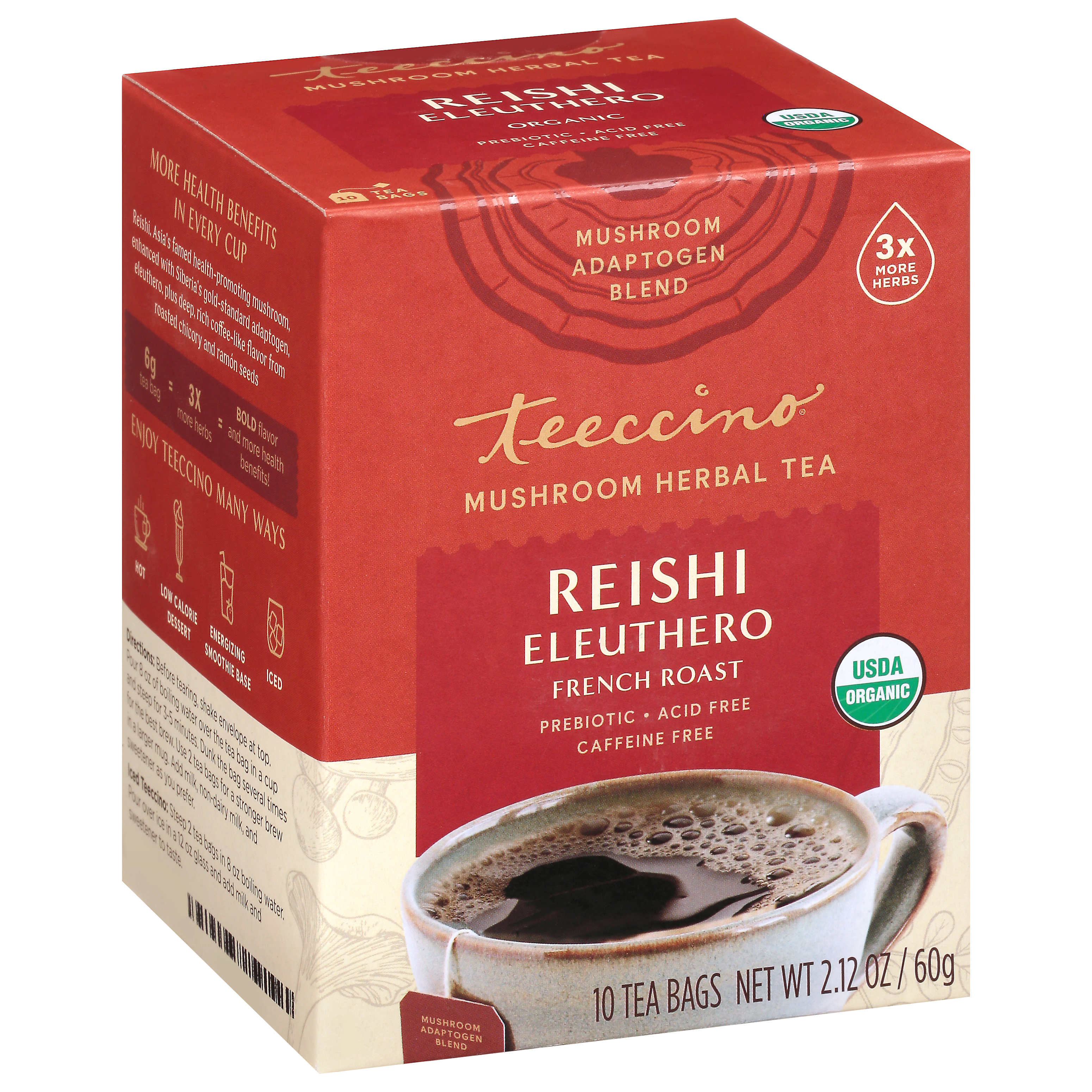 Teeccino French Roast Mushroom Tea Bags Reishi Eleuthero Herbal Tea
