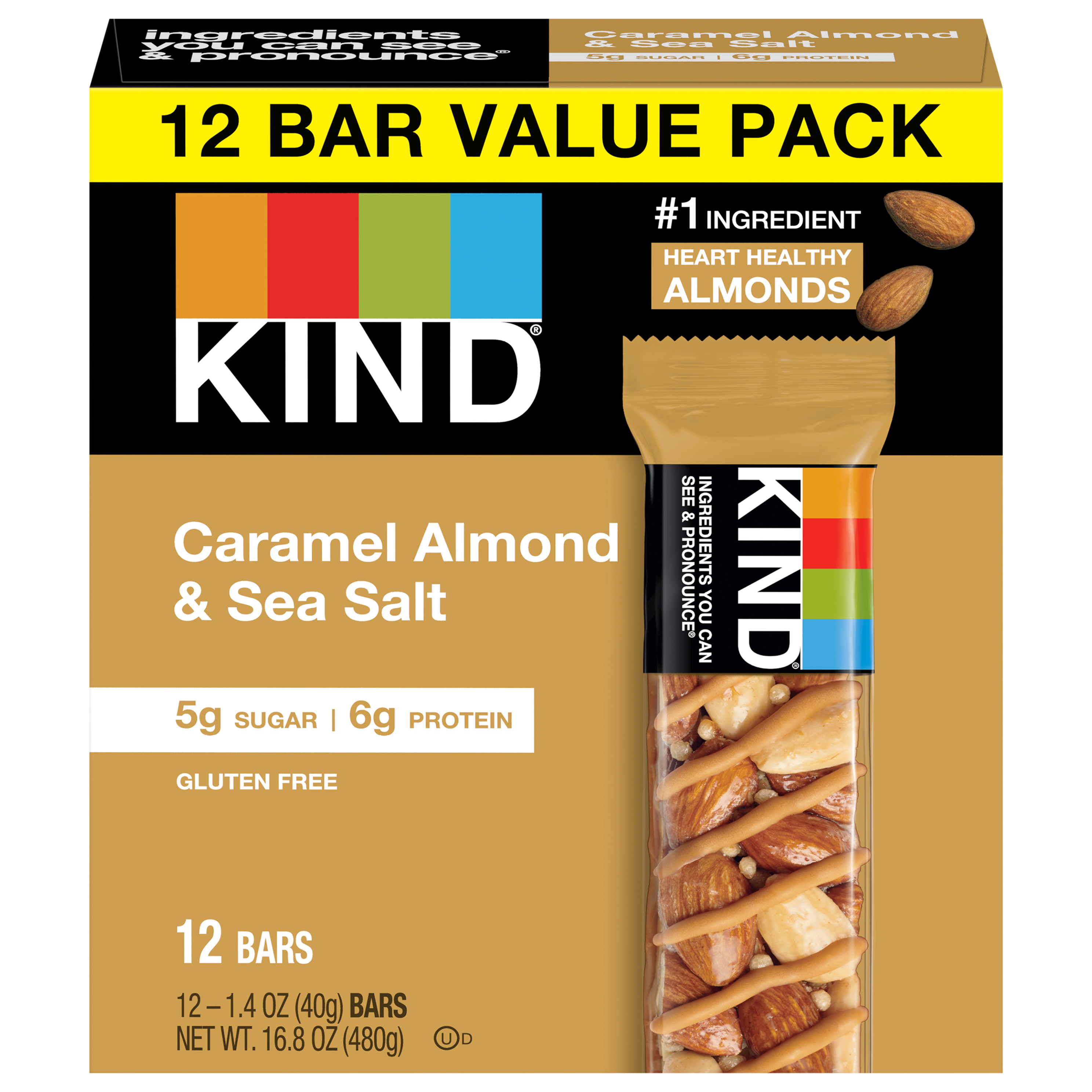 KIND Healthy Snack Bar Value Pack, Caramel Almond & Sea Salt, 5g Sugar | 6g Protein, Gluten Free Bars, 1.4 OZ, (12 Count)