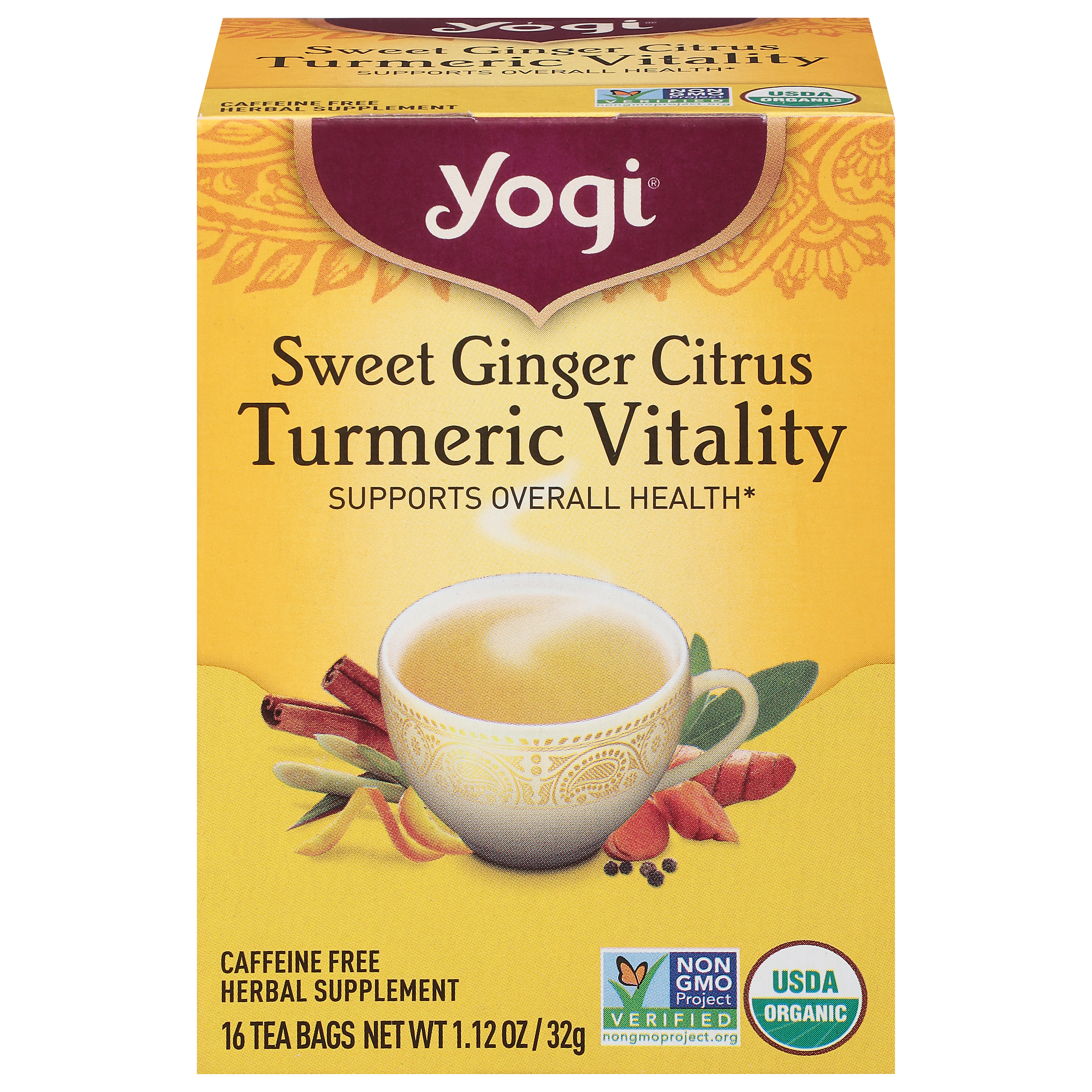 Yogi Caffeine Free Turmeric Vitality Sweet Ginger Citrus Herbal Supplement 16 Bags