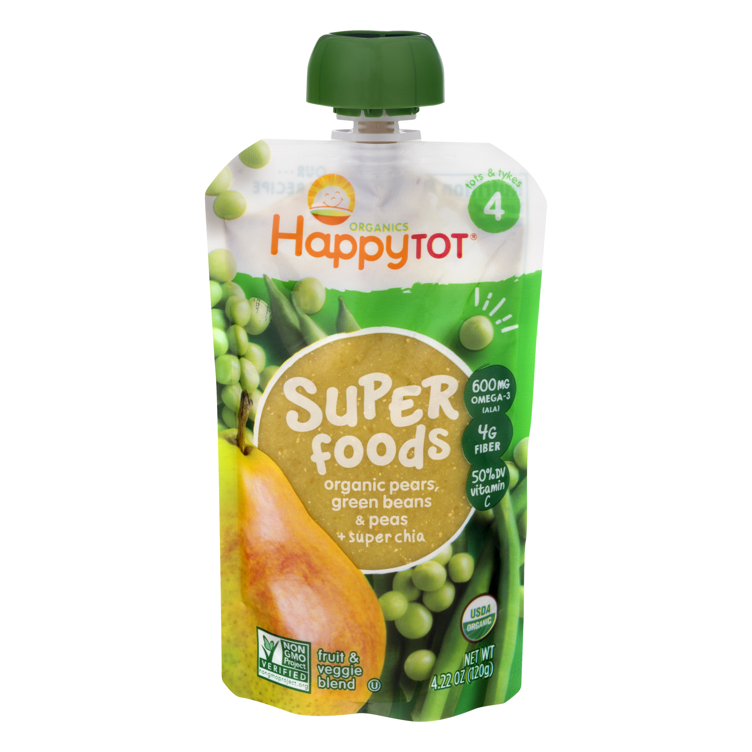 HappyTot Organics 4 (Tots & Tykes) Super Foods Organic Pears, Green Beans & Peas + Super Chia Fruit & Veggie Blend