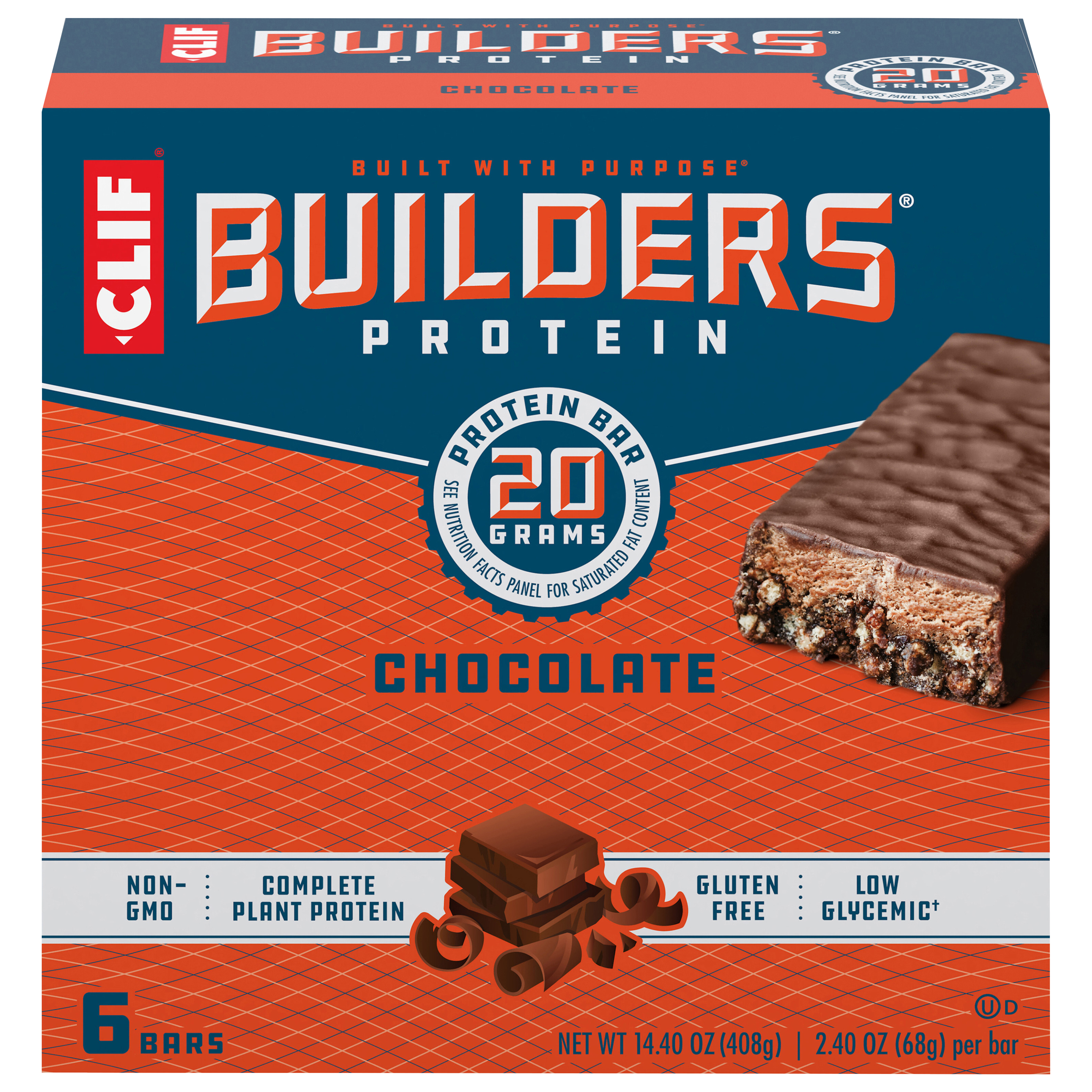 CLIF Builders - Chocolate Flavor - Protein Bars - Gluten-Free - Non-GMO - Low Glycemic - 20g Protein - 2.4 oz. (6 Pack)