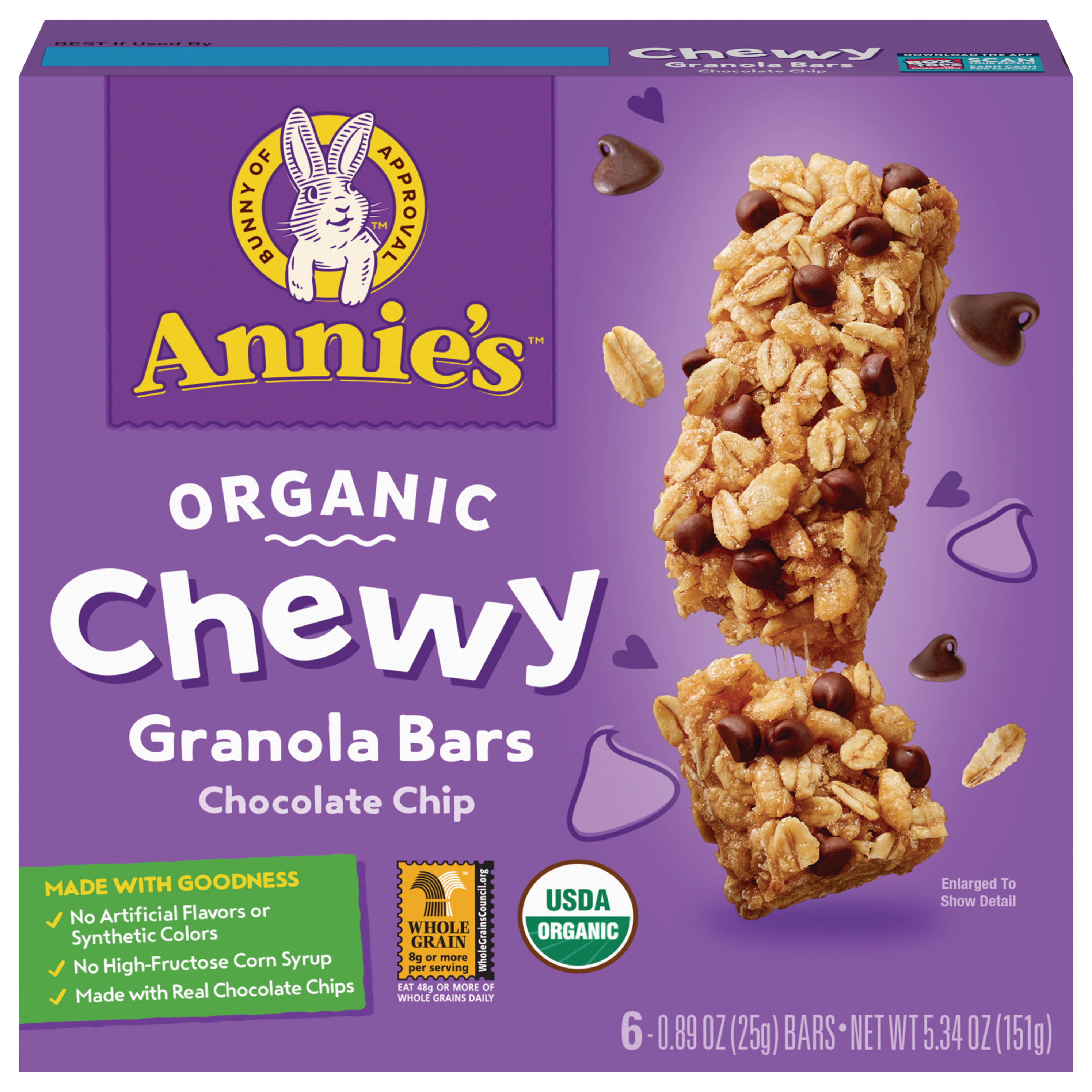 Annie's Organic Chewy Kids Granola Bars, Chocolate Chip, School Lunch Snacks, 6 Bars,