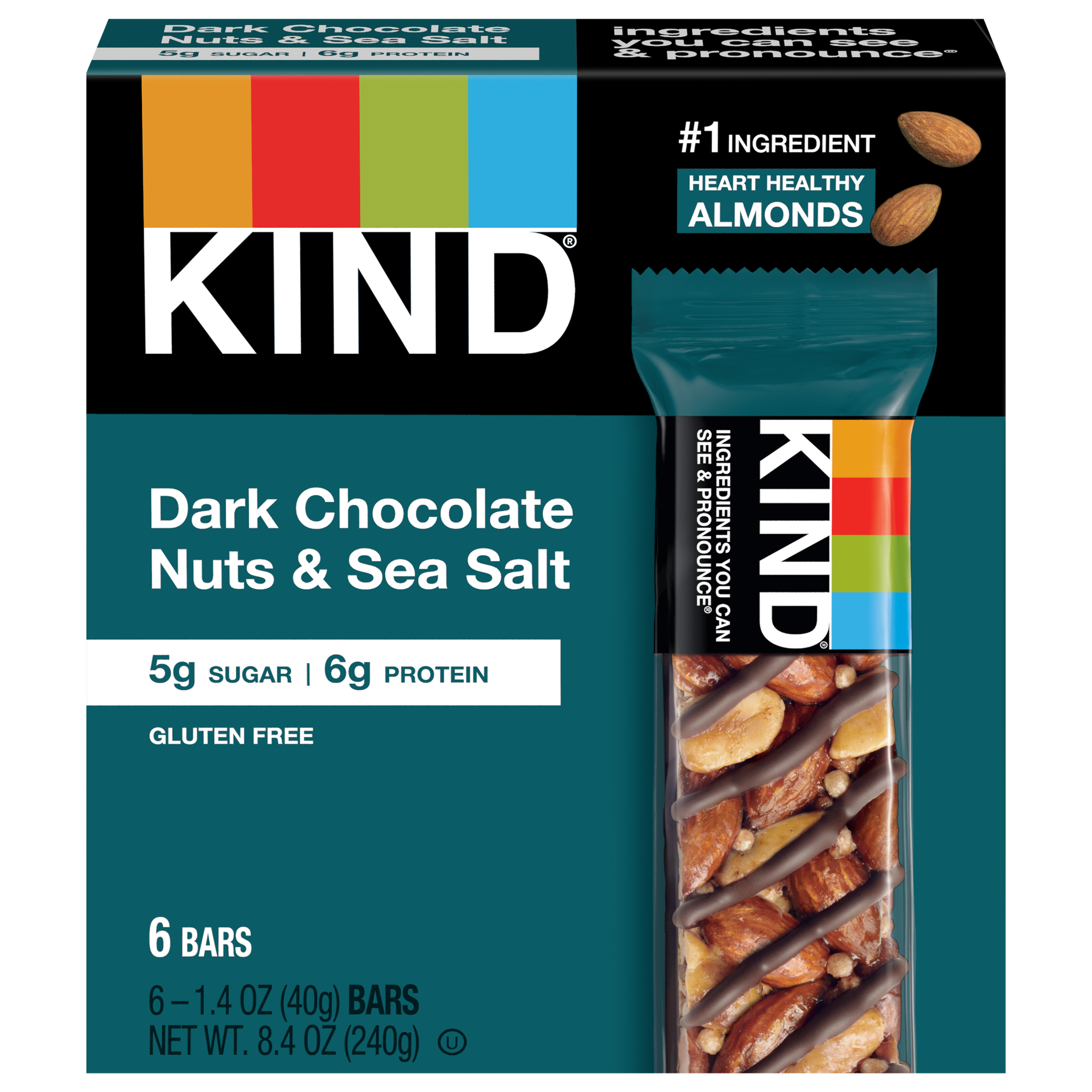 KIND Healthy Snack Bar, Dark Chocolate Nuts & Sea Salt, 5g Sugar | 6g Protein, Gluten Free Bars, 1.4 OZ,