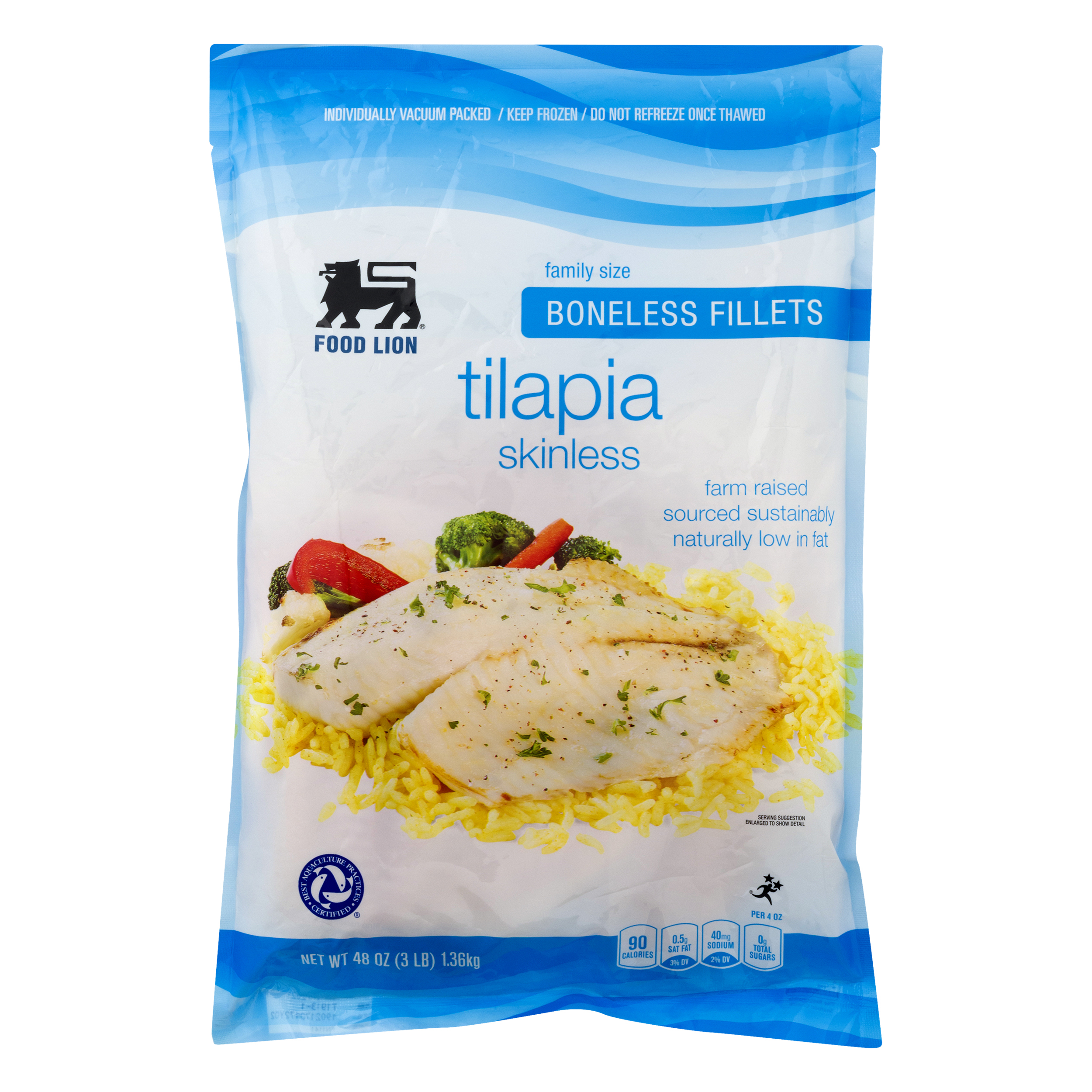 Food Lion Tilapia, Skinless, Boneless Fillets, Family Size, Bag