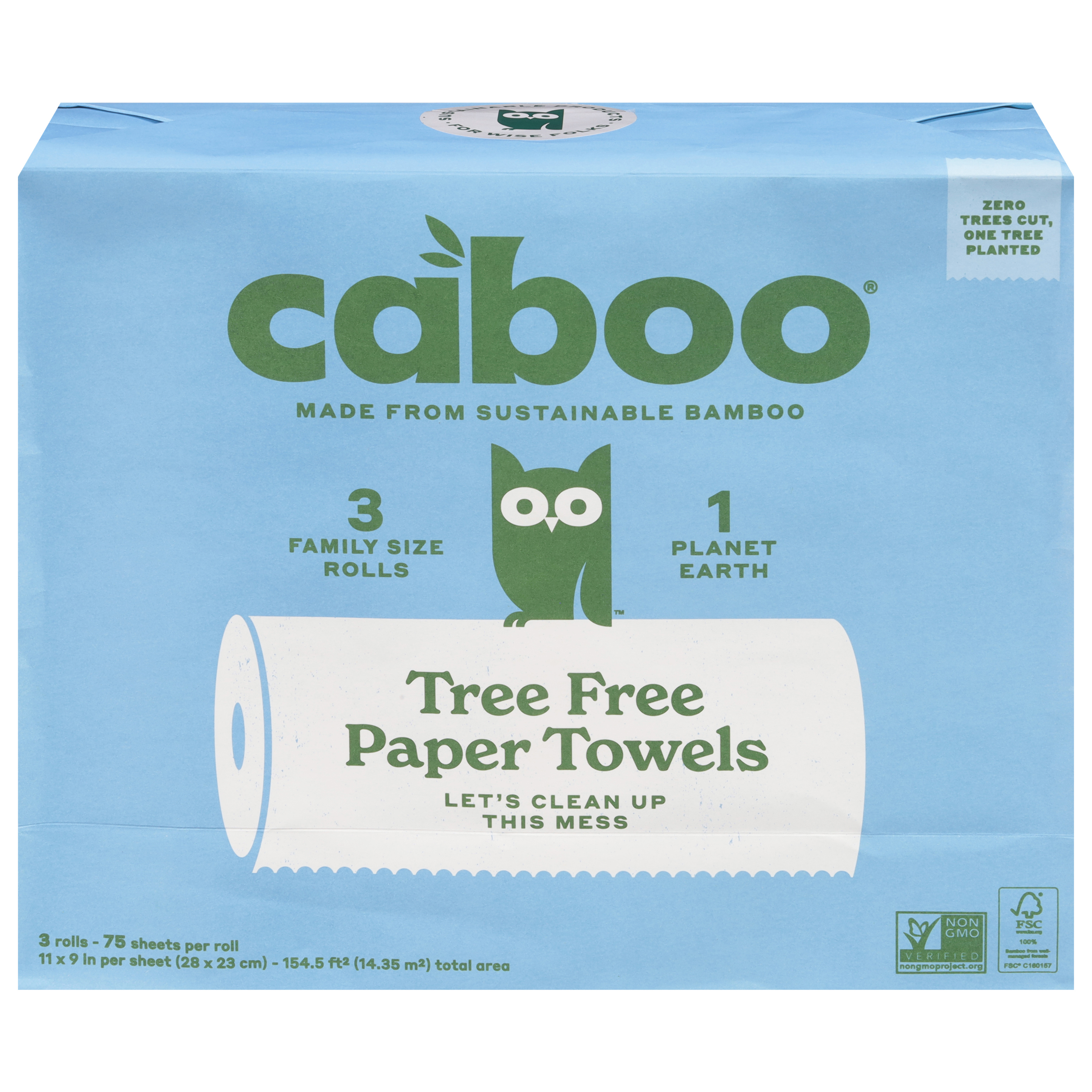Caboo Tree Free Paper Towels Family Size 3 - 75 Sheet Rolls