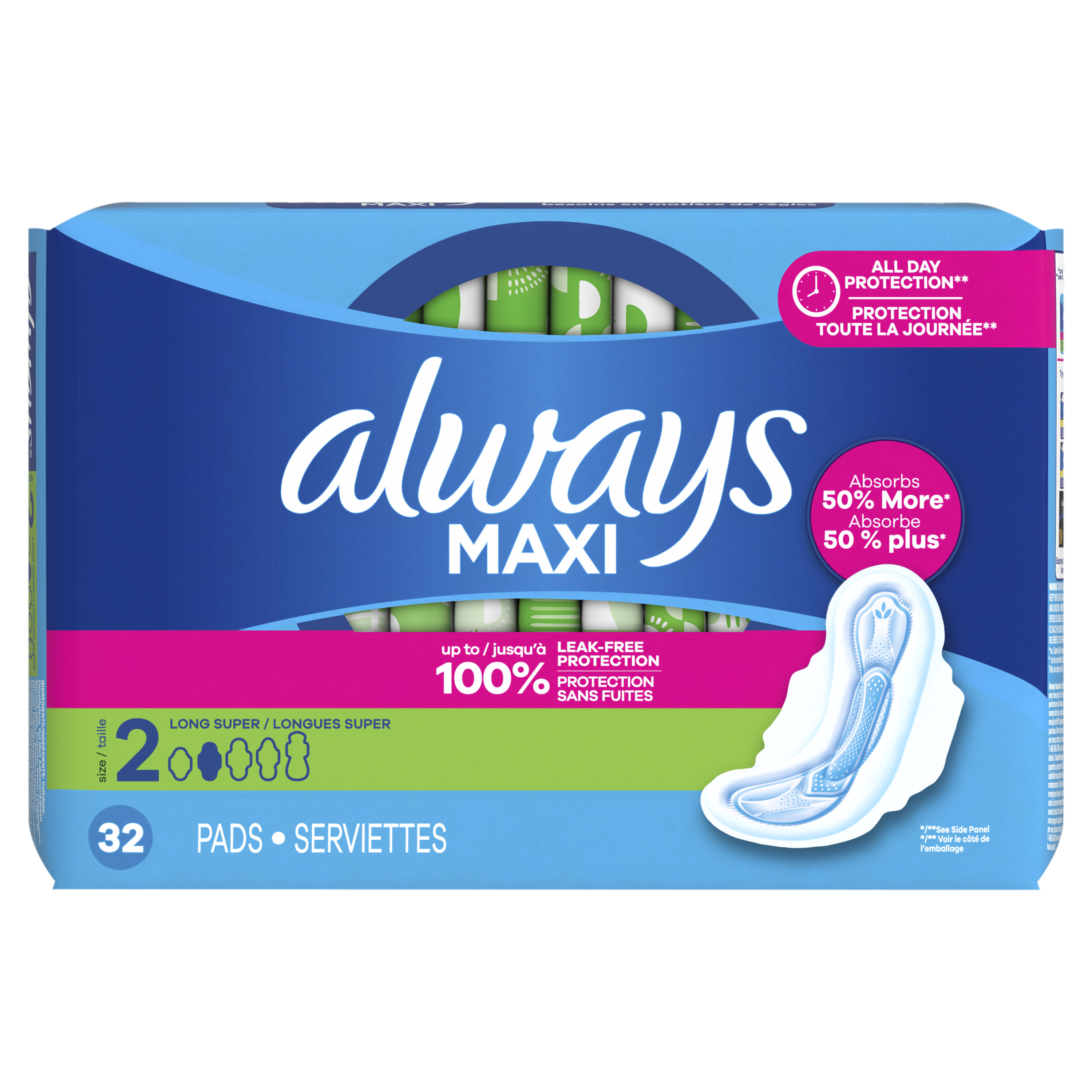 Always Maxi Maxi Pads with Wings, Size 2, 32 Each