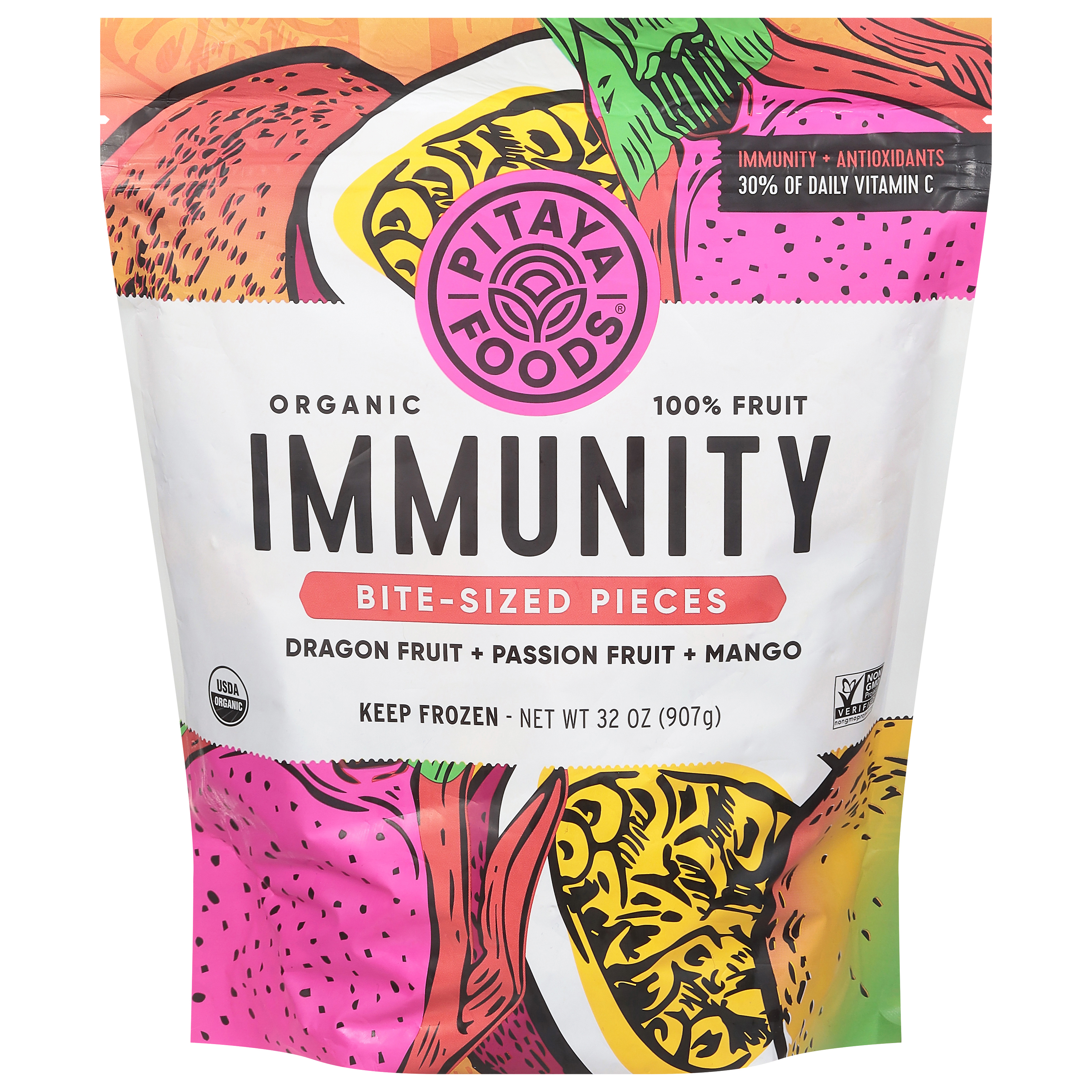 Pitaya Foods Immunity Bite Sized Pieces Organic Dragon Fruit + Passion Fruit + Mango