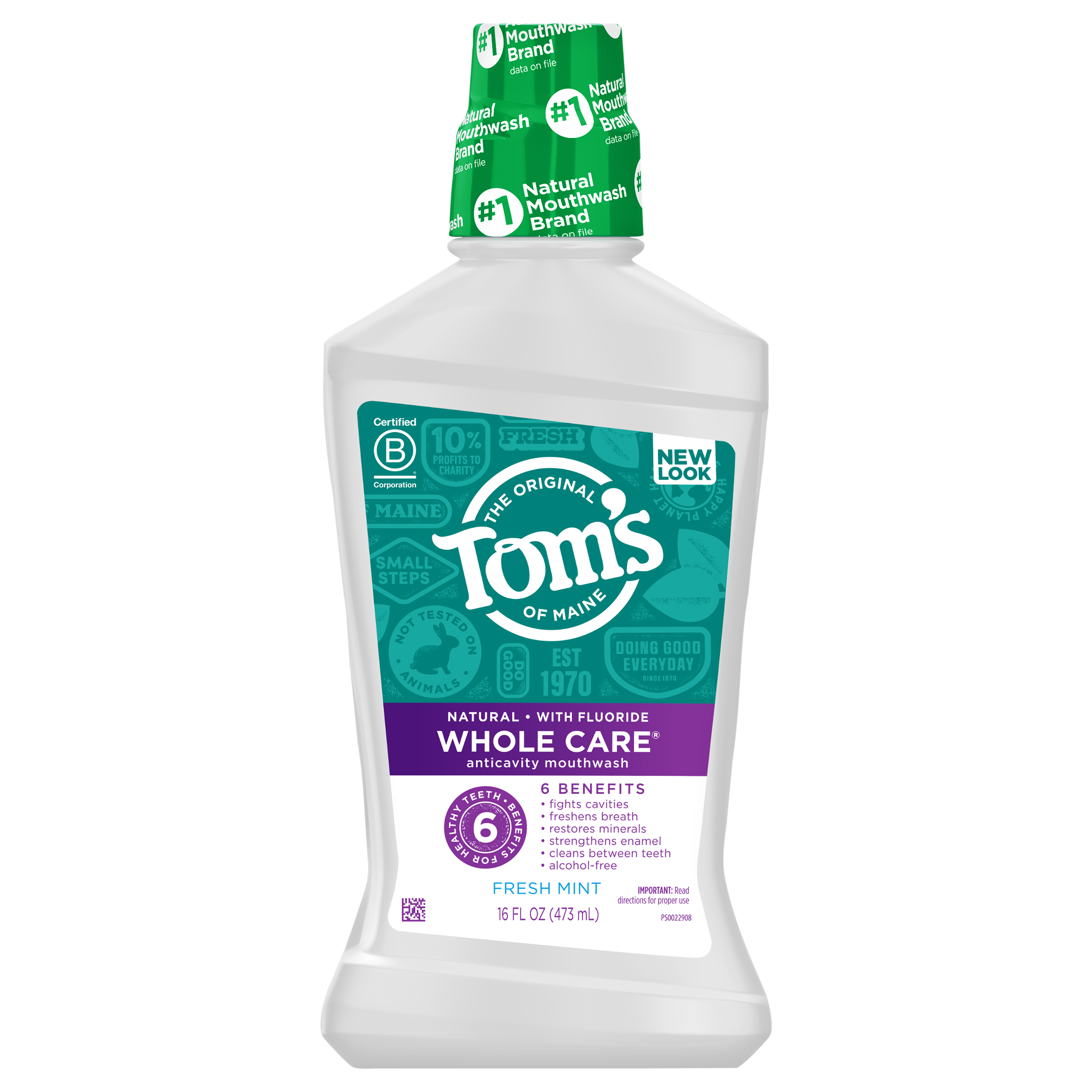 Tom's of Maine Whole Care Natural Fluoride Mouthwash, Fresh Mint, 16 fl oz.