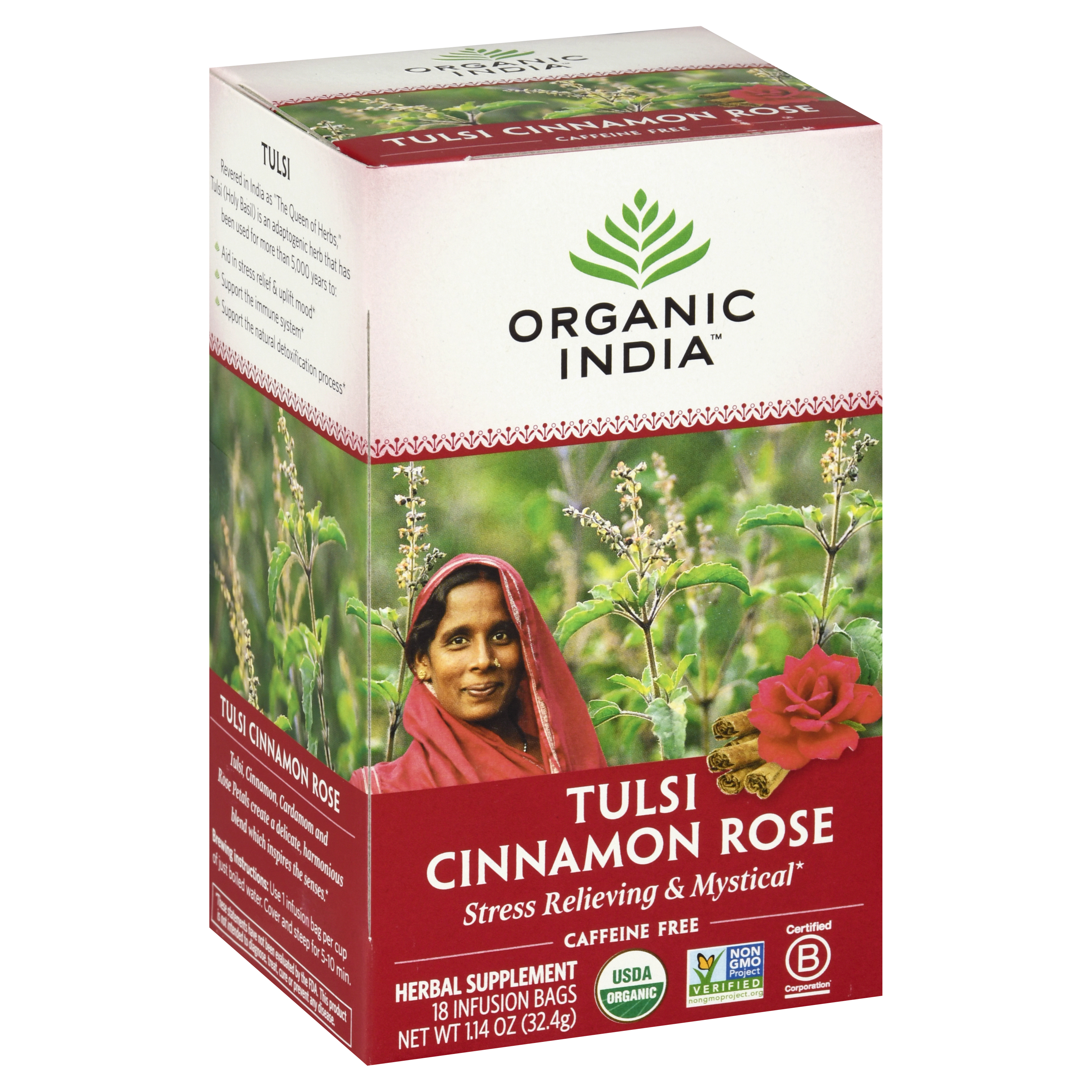 Organic India Caffeine Free Infusion Bags Tulsi Cinnamon Rose Herbal Supplement