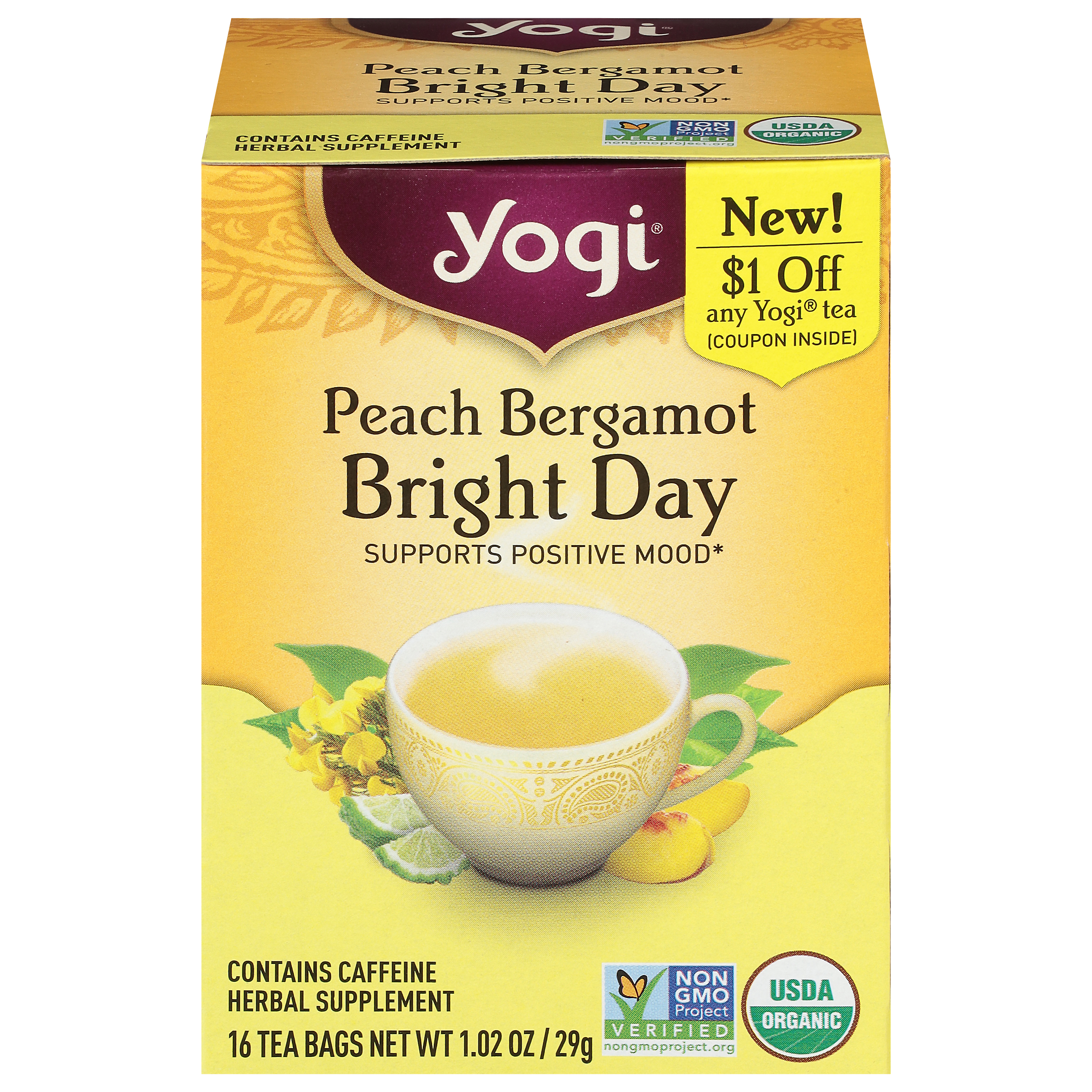 Yogi Bright Day Tea Bags Peach Bergamot Herbal Supplement 16 Tea Bags
