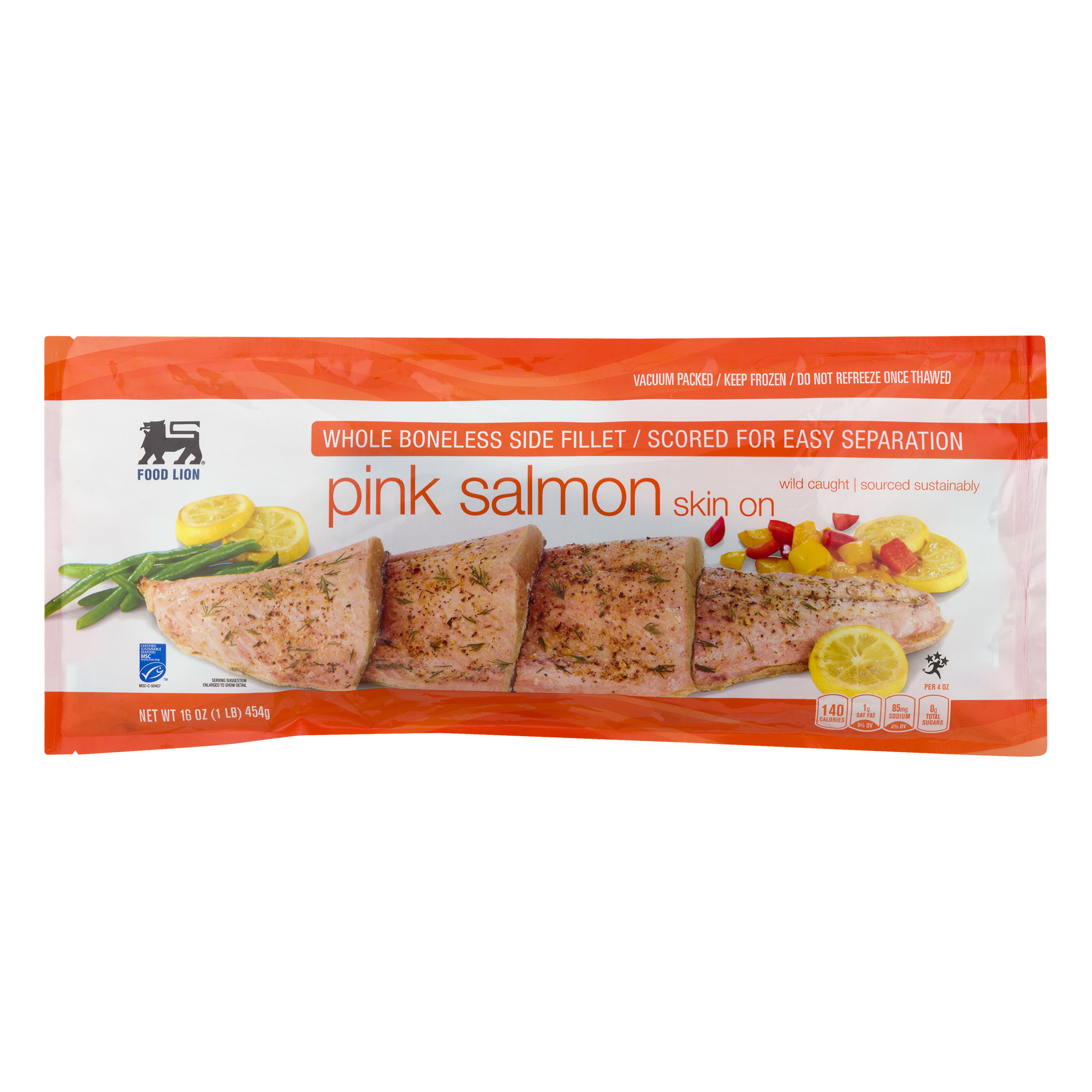 Food Lion Pink Salmon, Skin On, Whole Boneless, Side Fillet, Bag