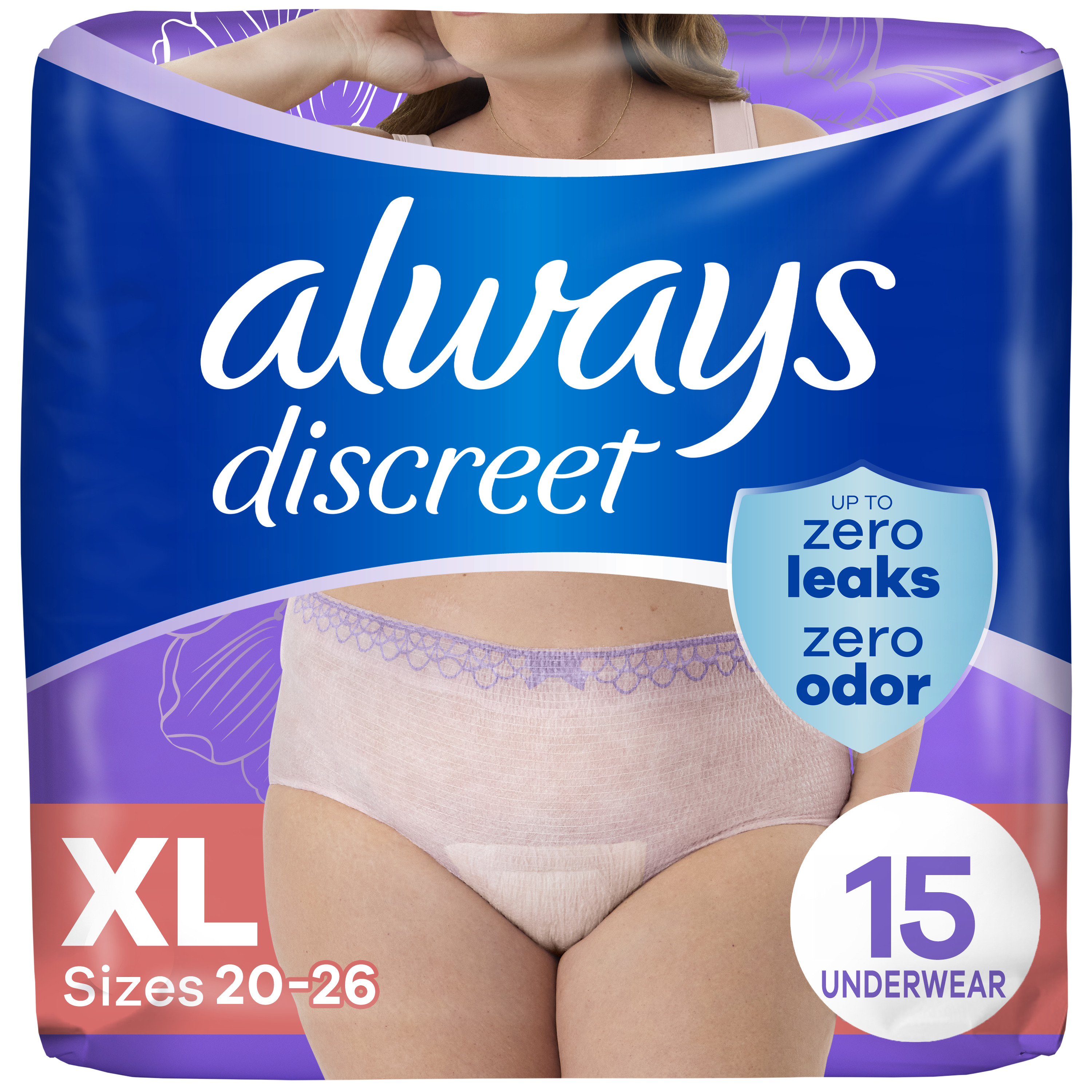 Always Discreet Discreet Adult Incontinence Underwear for Women, XL, 15 Each