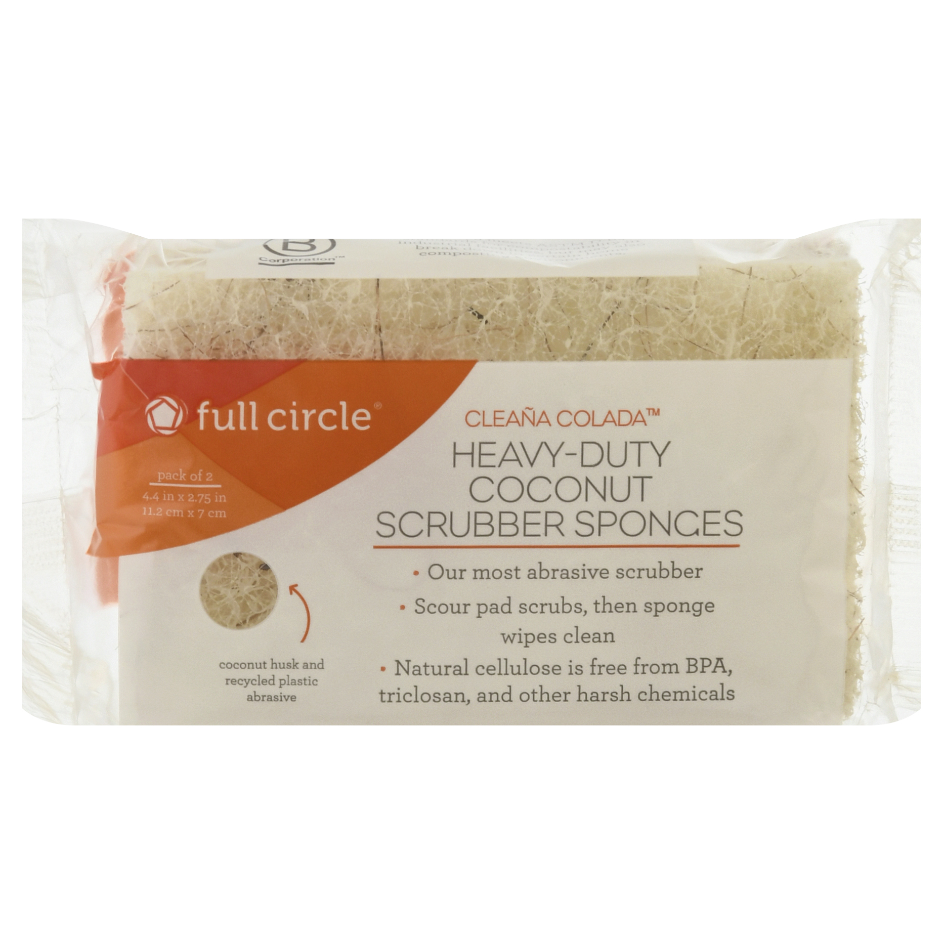 Full Circle Cleana Colada Pack of 2 Heavy-Duty Coconut Scrubber Sponges