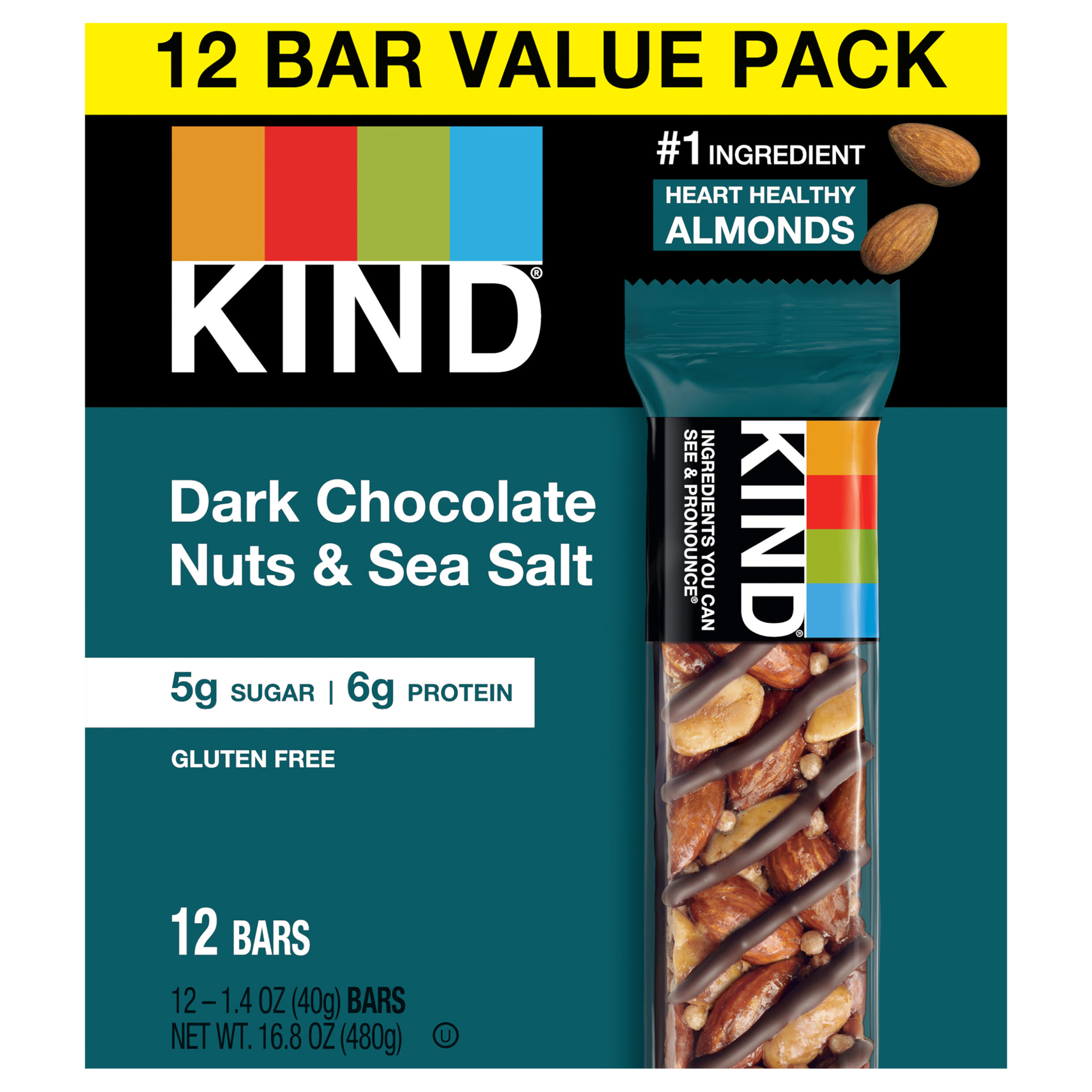 KIND Healthy Snack Bar Value Pack, Dark Chocolate Nuts & Sea Salt, 5g Sugar | 6g Protein, Gluten Free Bars, 1.4 OZ,