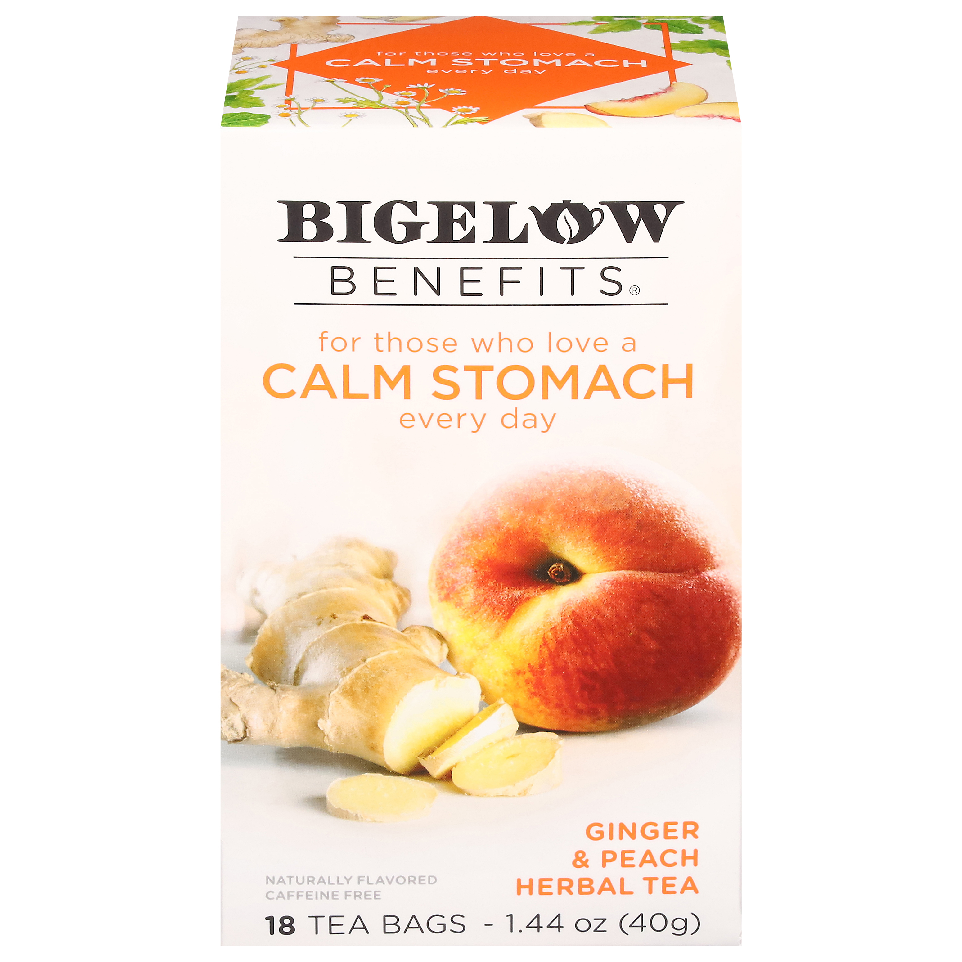 Bigelow Benefits Caffeine Free Calm Stomach Ginger & Peach Herbal Tea Bag 18 Tea Bags