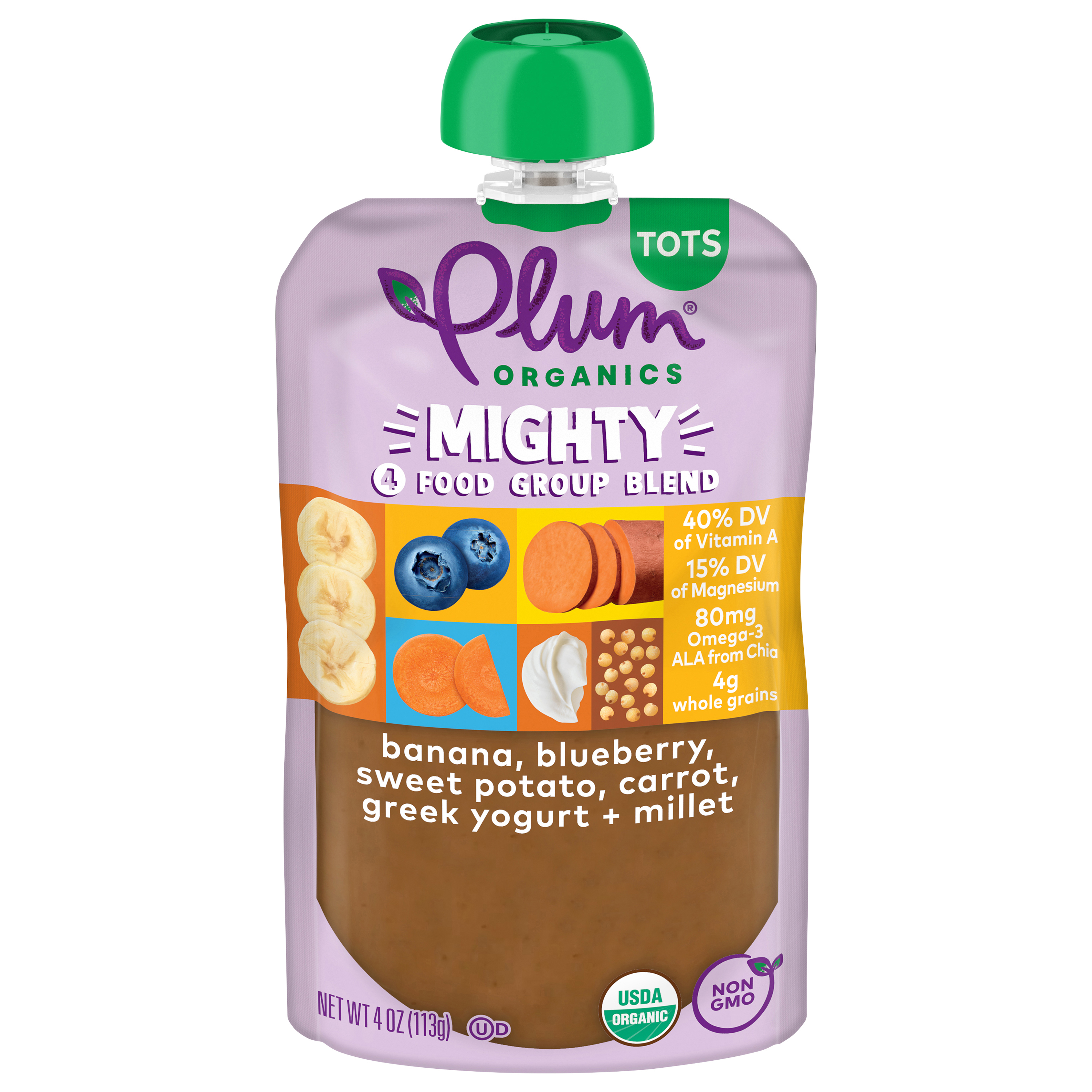 Plum Organics® Mighty 4 Food Group Blend Banana, Blueberry, Sweet Potato, Carrot, Greek Yogurt + Millet 4oz Pouch