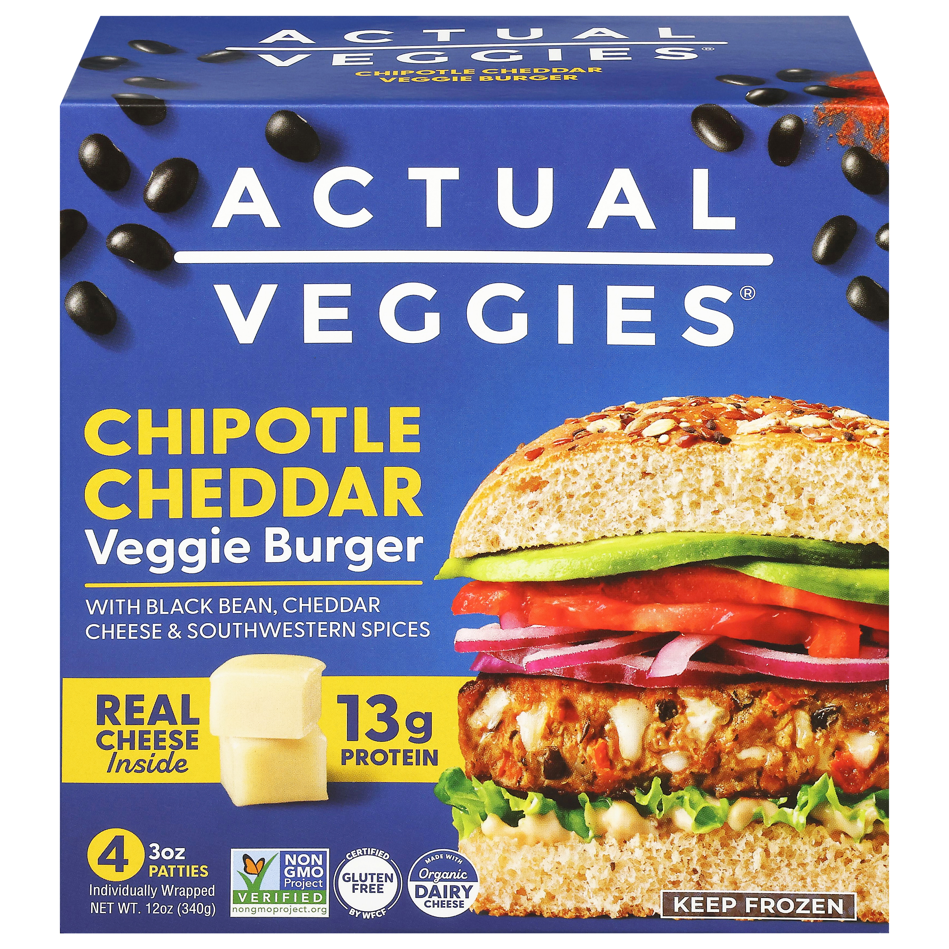Actual Veggies Chipotle Cheddar Veggie Burger with Black Bean, Cheddar Cheese & Southwestern Spices 4 - 3 oz Patties