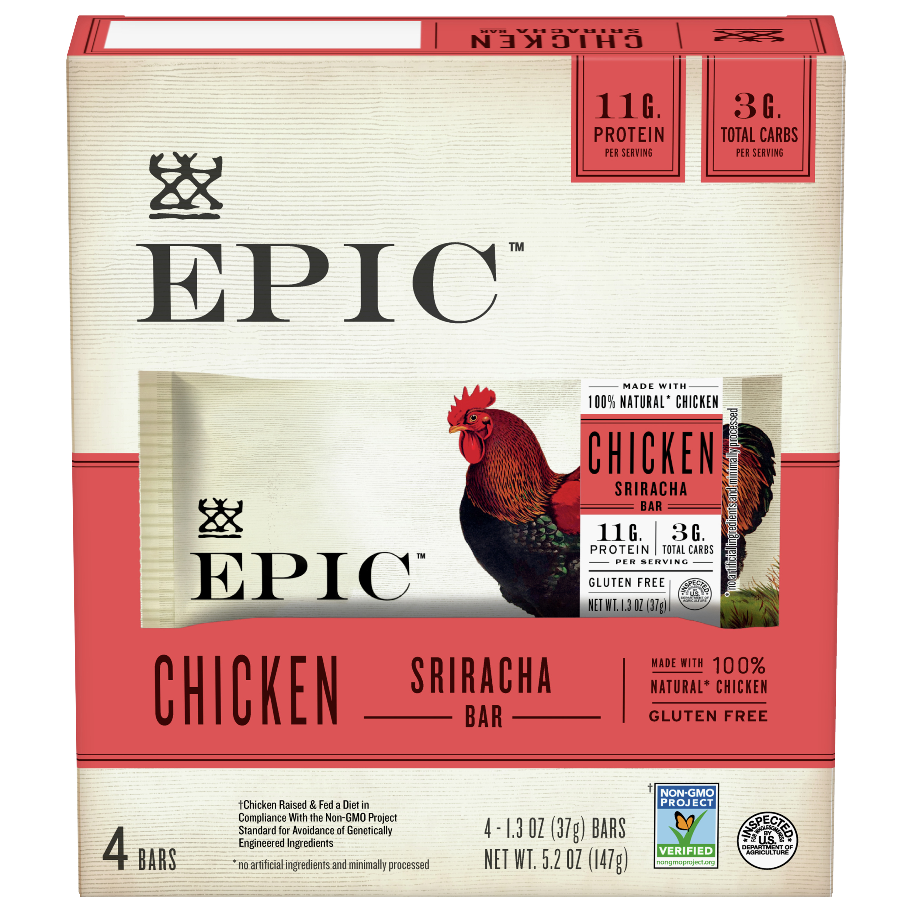 EPIC Protein Bars, Chicken Sriracha, Keto and Paleo Friendly, 1.3 oz,