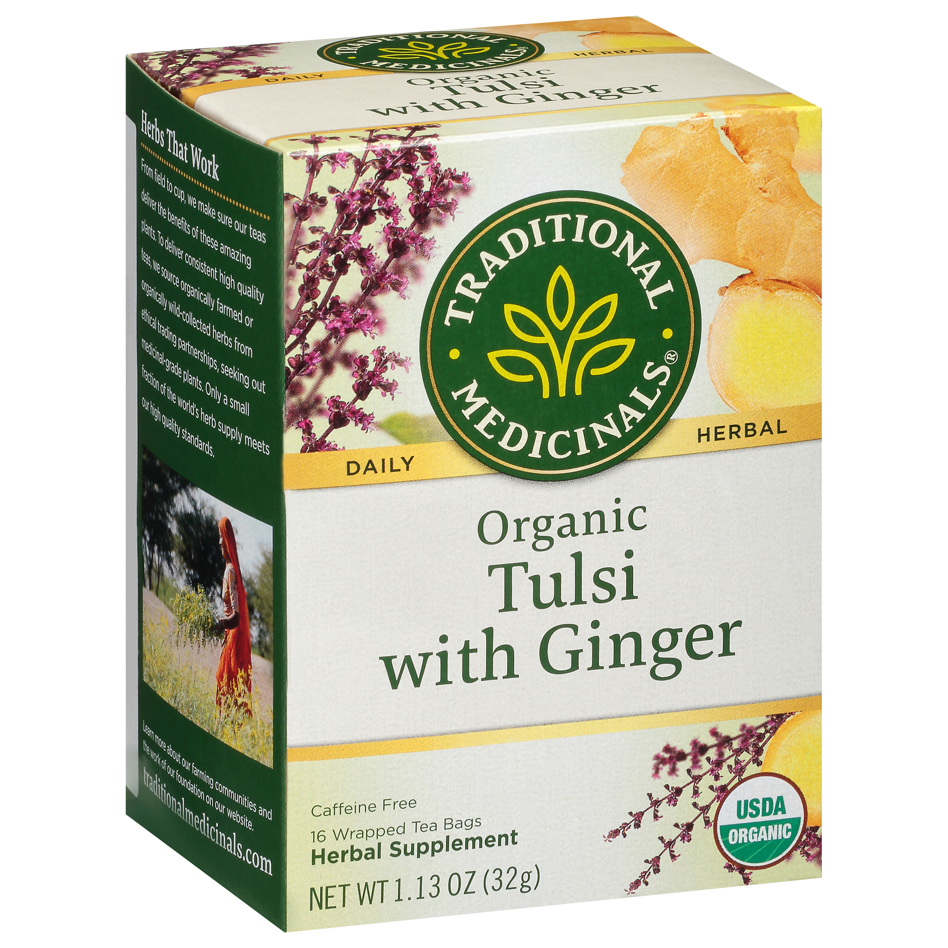 Traditional Medicinals Organic Tulsi with Ginger Herbal Supplement 16 Tea Bags