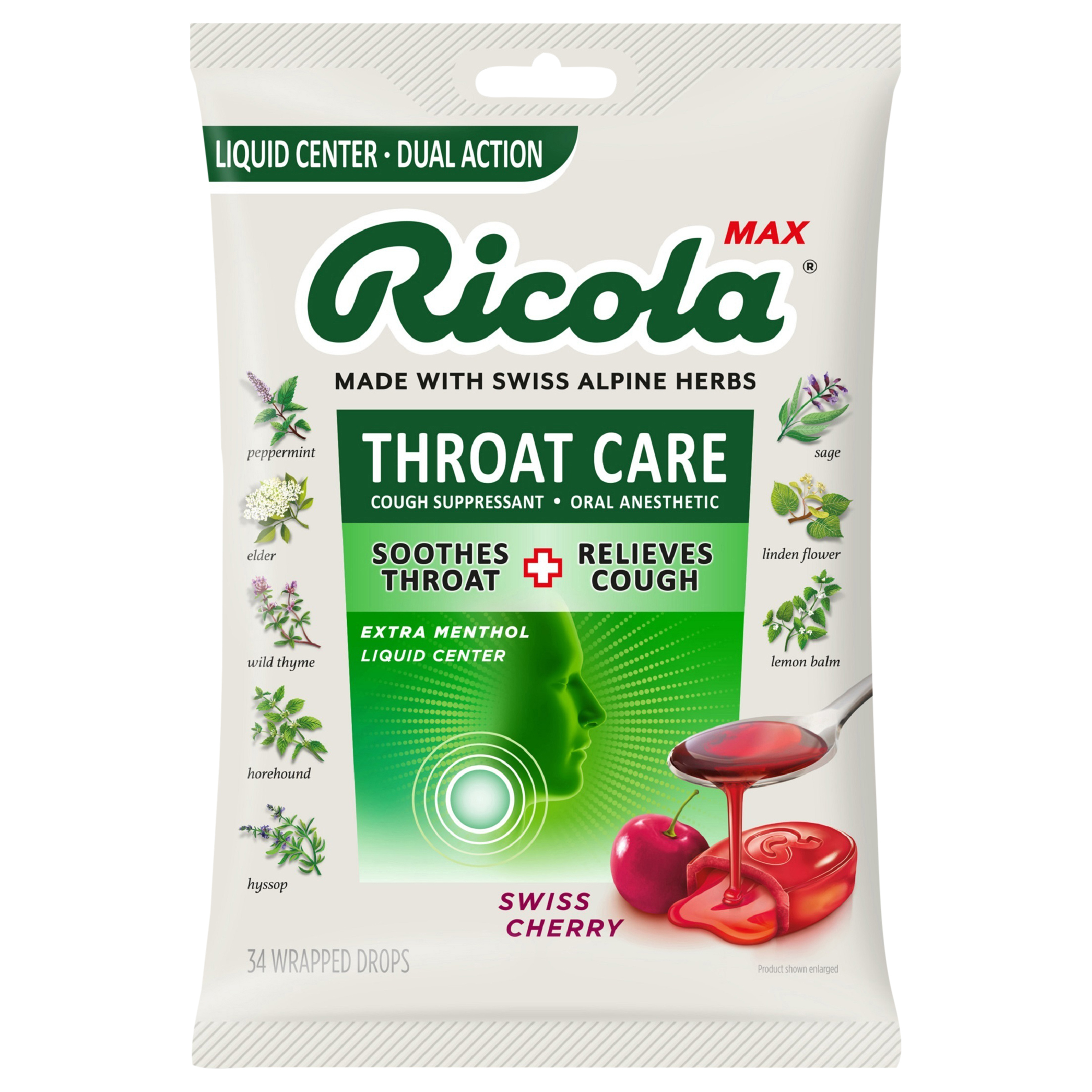 Ricola Max Throat Care Swiss Cherry Cough Drops - Extra Strength Cough Suppressant,