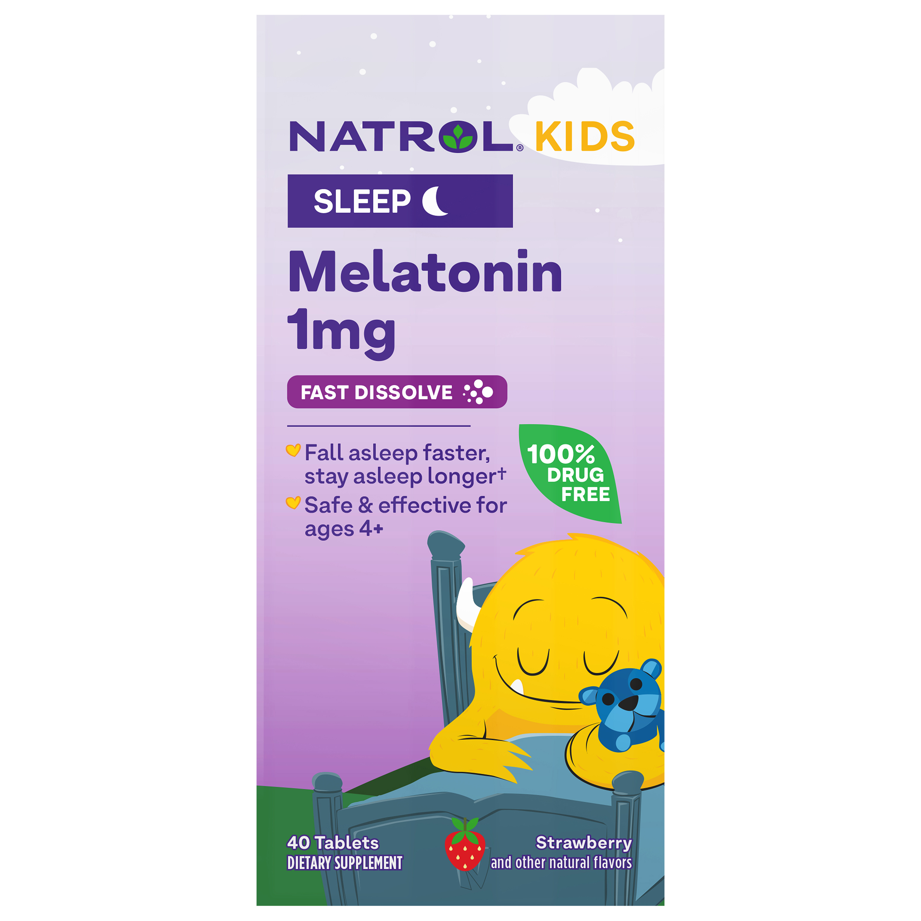 Natrol Kids 1mg Melatonin Fast Dissolve Sleep Aid Tablets, with Lemon Balm, Supplement for Children Ages 4 and up, Drug Free, Dissolves in Mouth, 40 Strawberry Flavored Tablets