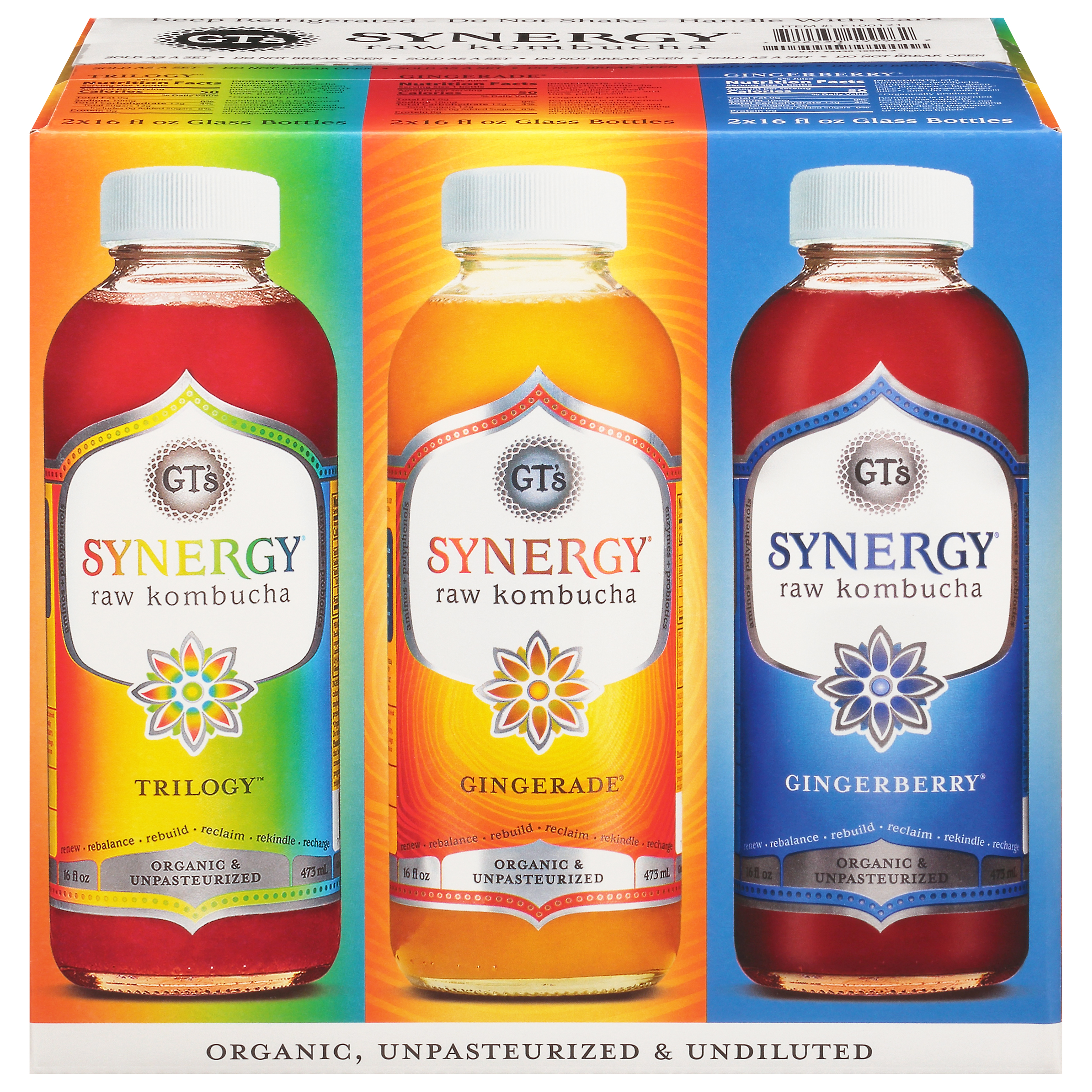GT's Synergy Mixed Pack Raw Kombucha 6 - 16 fl oz Glass Bottles